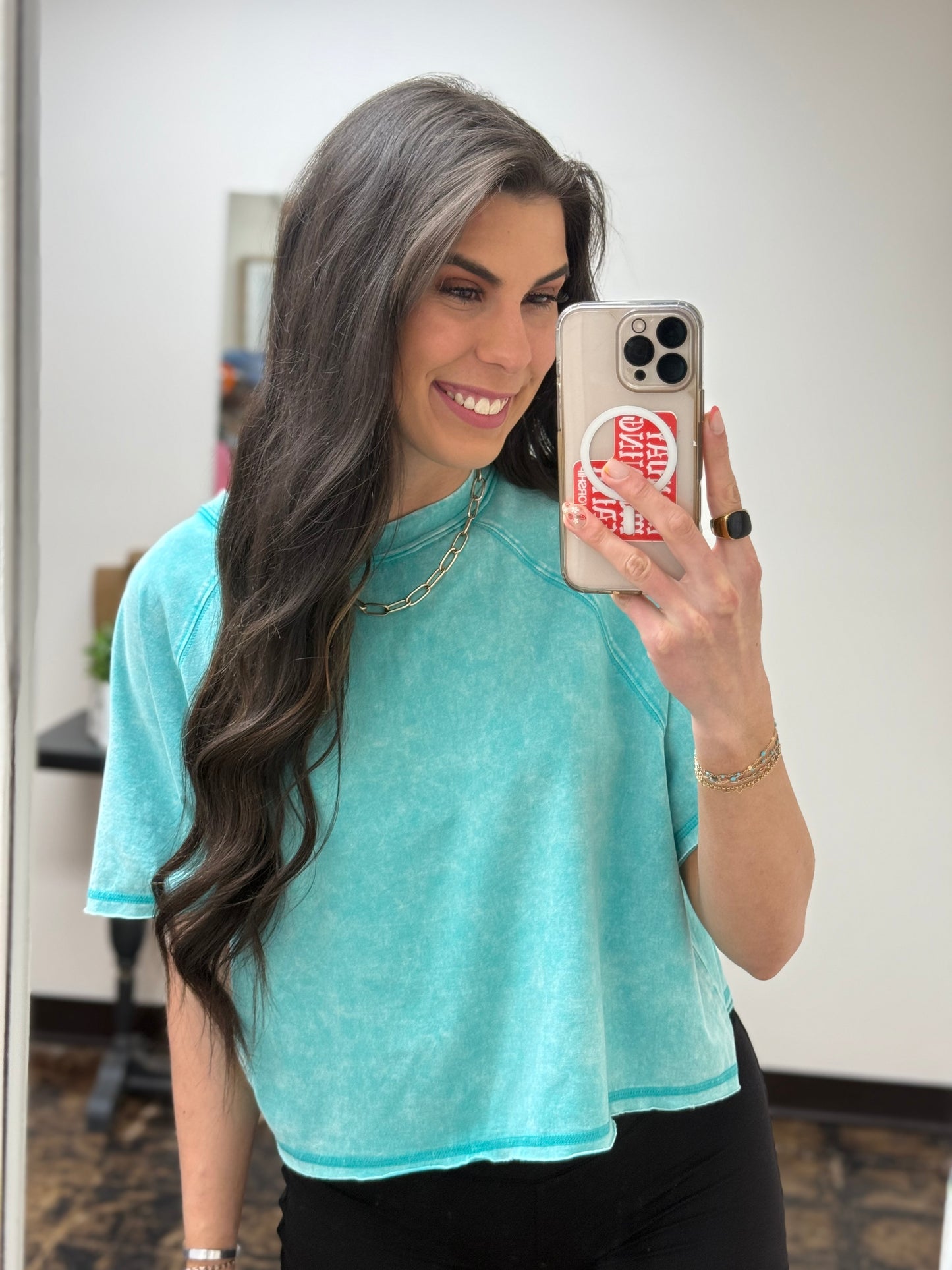 The Audrey Acid Wash Cropped Tee - Turquoise