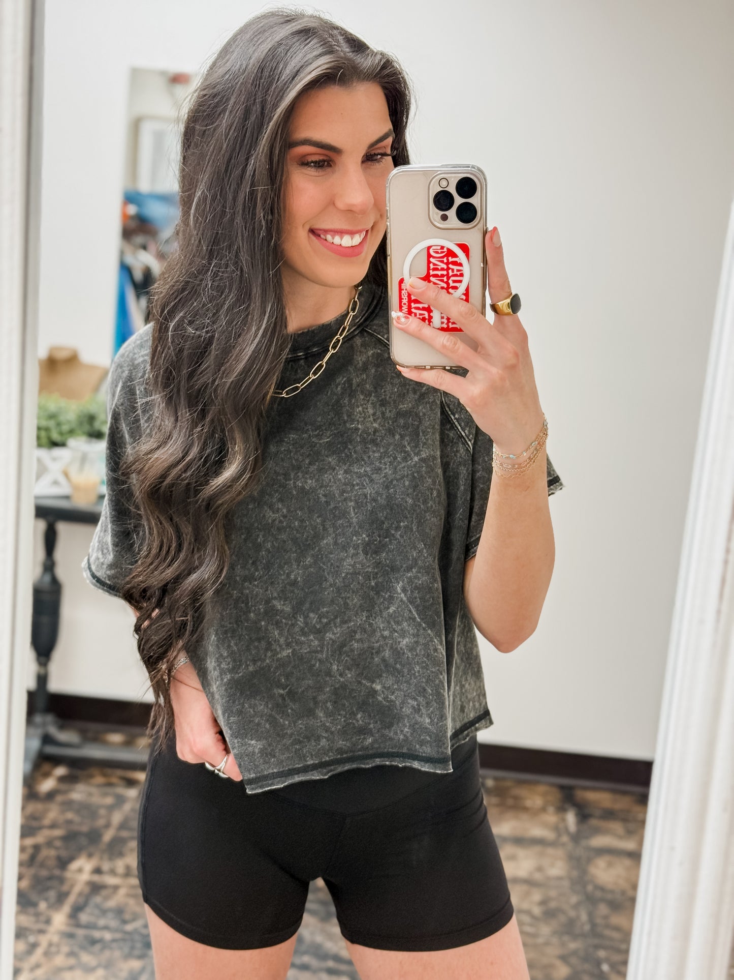 The Audrey Acid Wash Cropped Tee - Ash Black