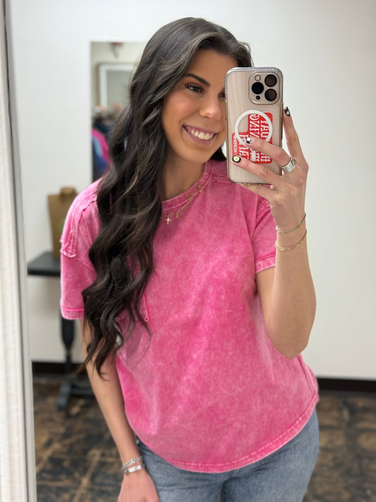 CURVY - The Molly Acid Wash Tee - Hot Pink