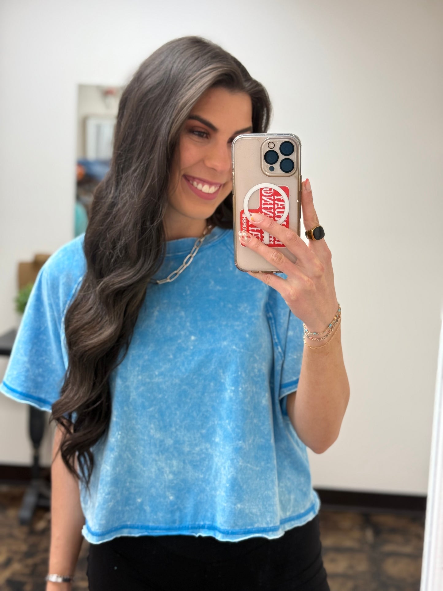 The Audrey Acid Wash Cropped Tee - Deep Sky