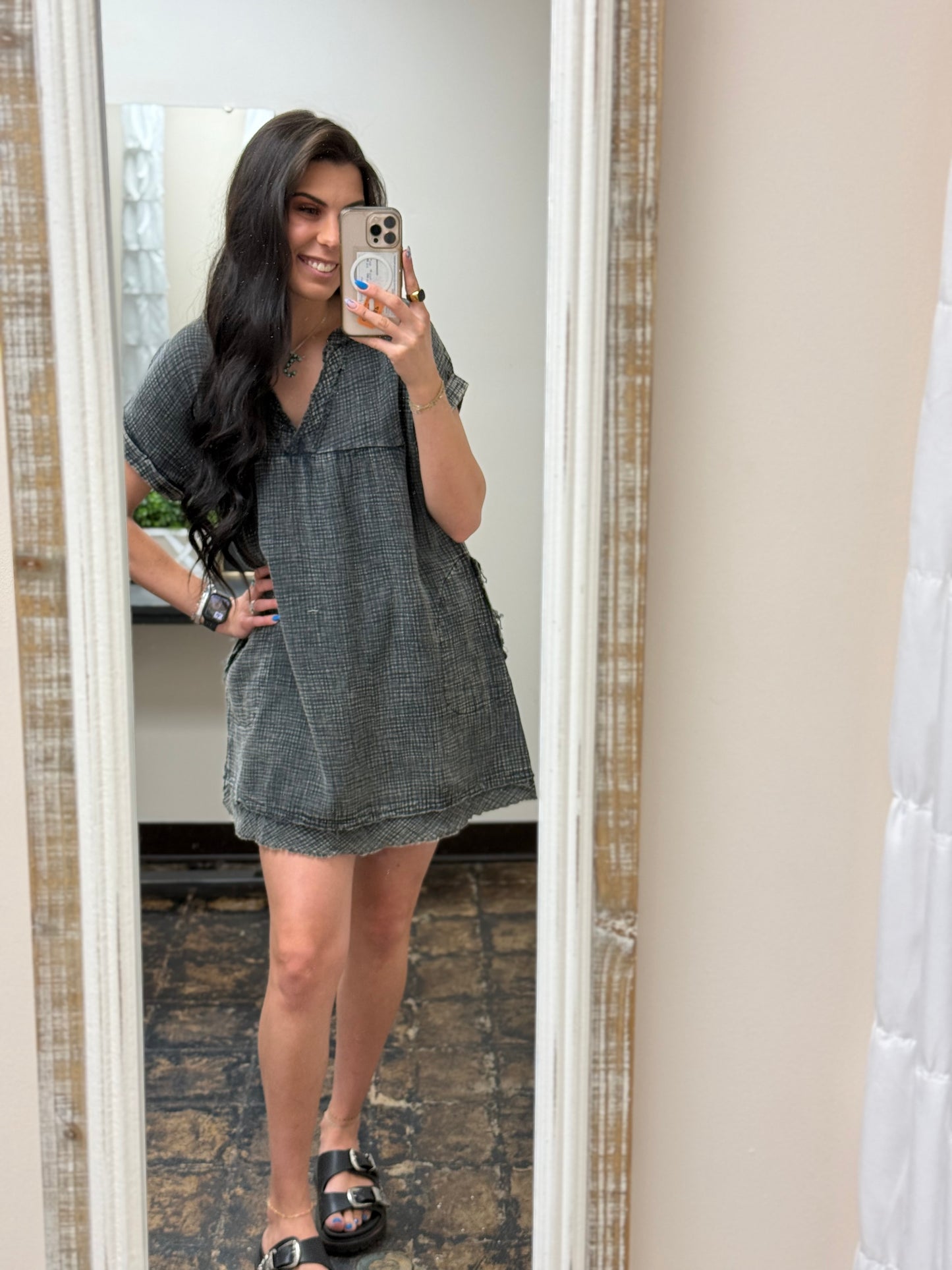 The Danielle Gauze V-Neck Dress - Ash Black