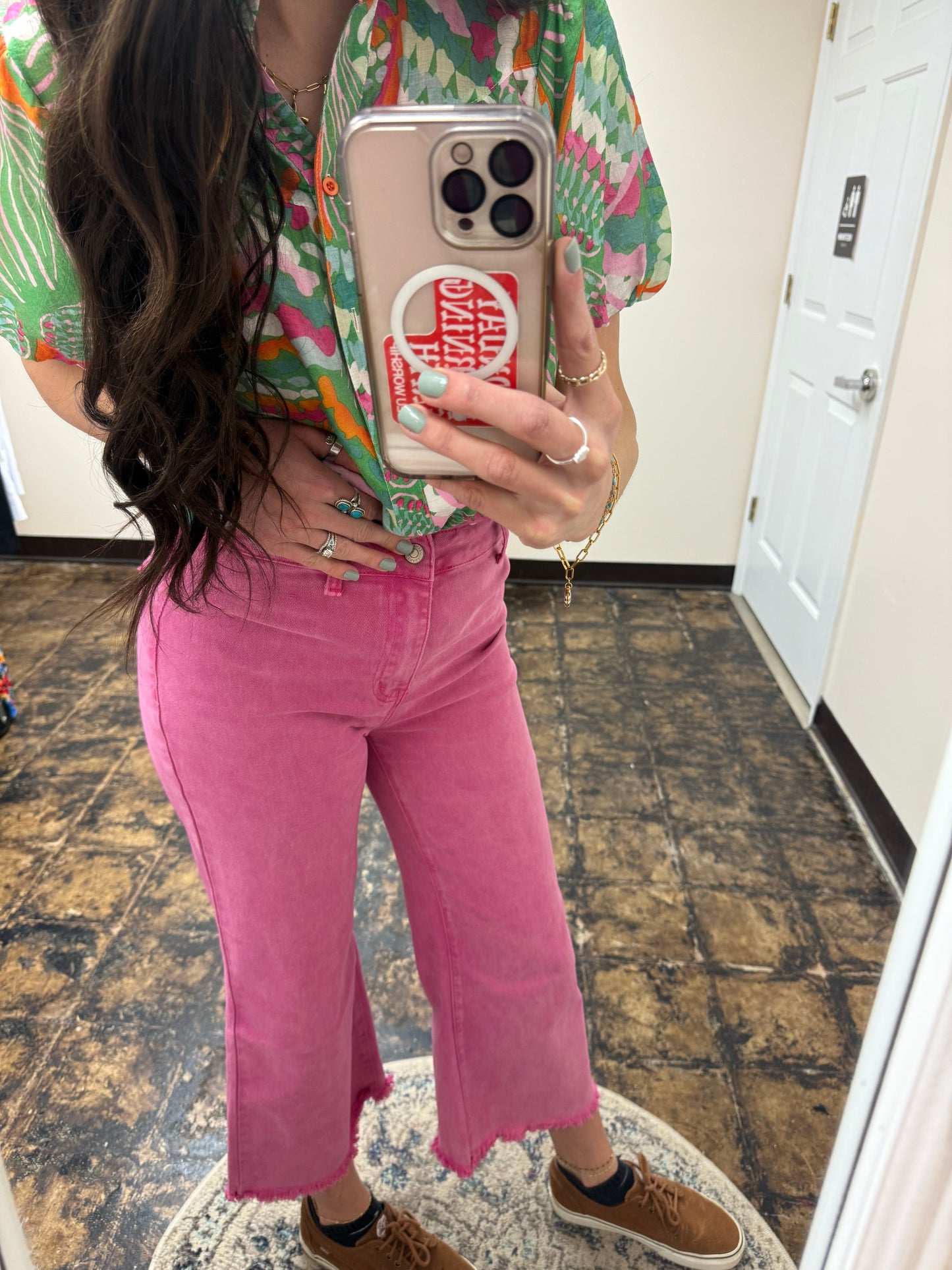 The Kristi Acid Wash Cropped Pants - Hot Pink