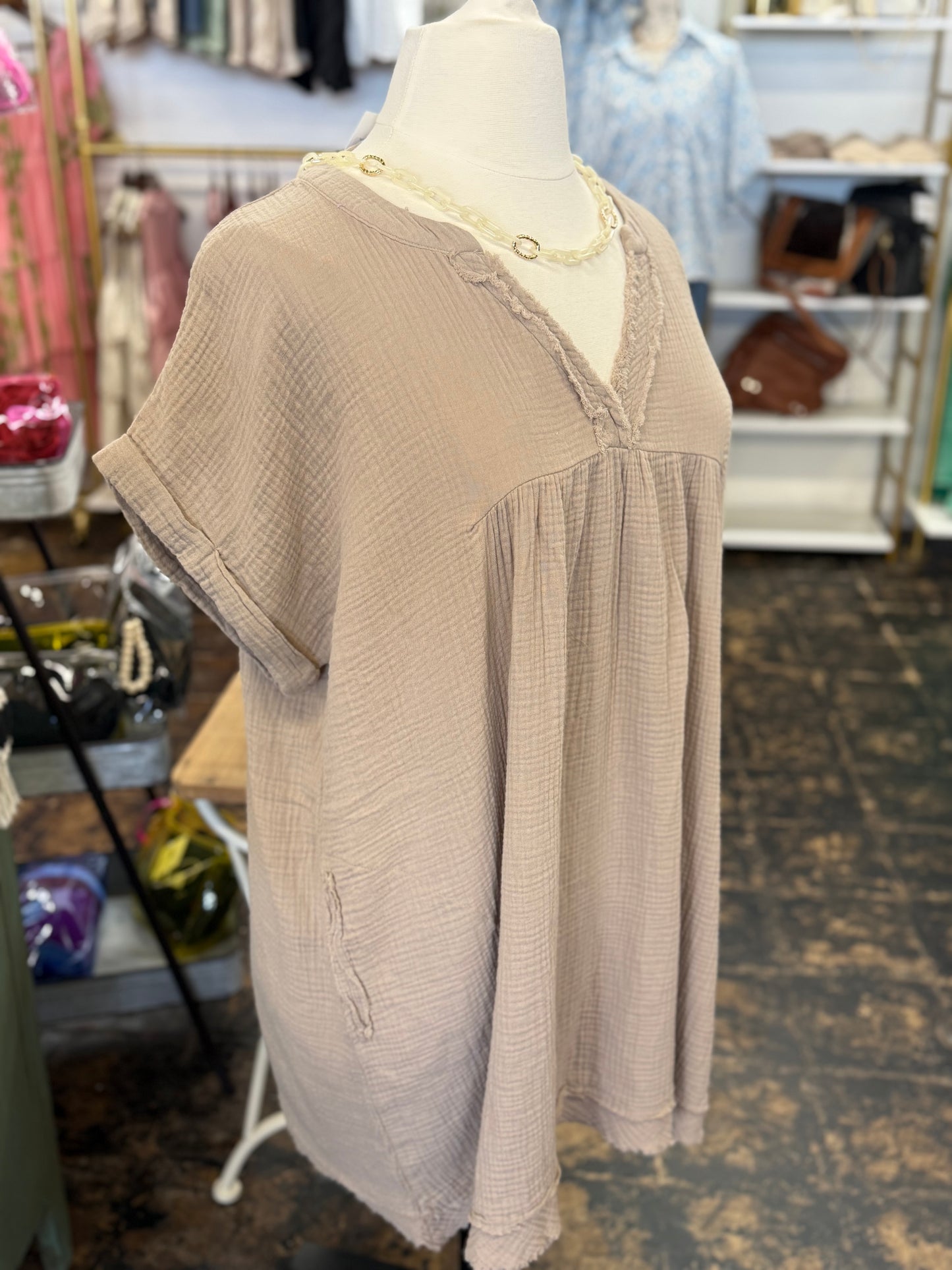 The Danielle Gauze V-Neck Dress - Lt. Mocha - CURVY