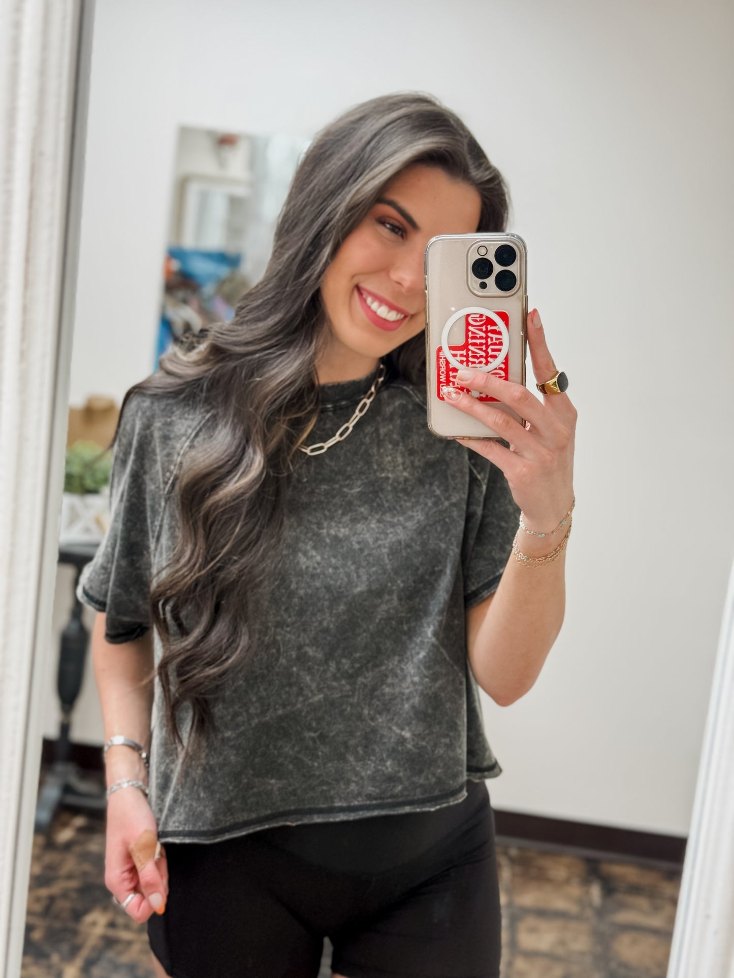 The Audrey Acid Wash Cropped Tee - Ash Black