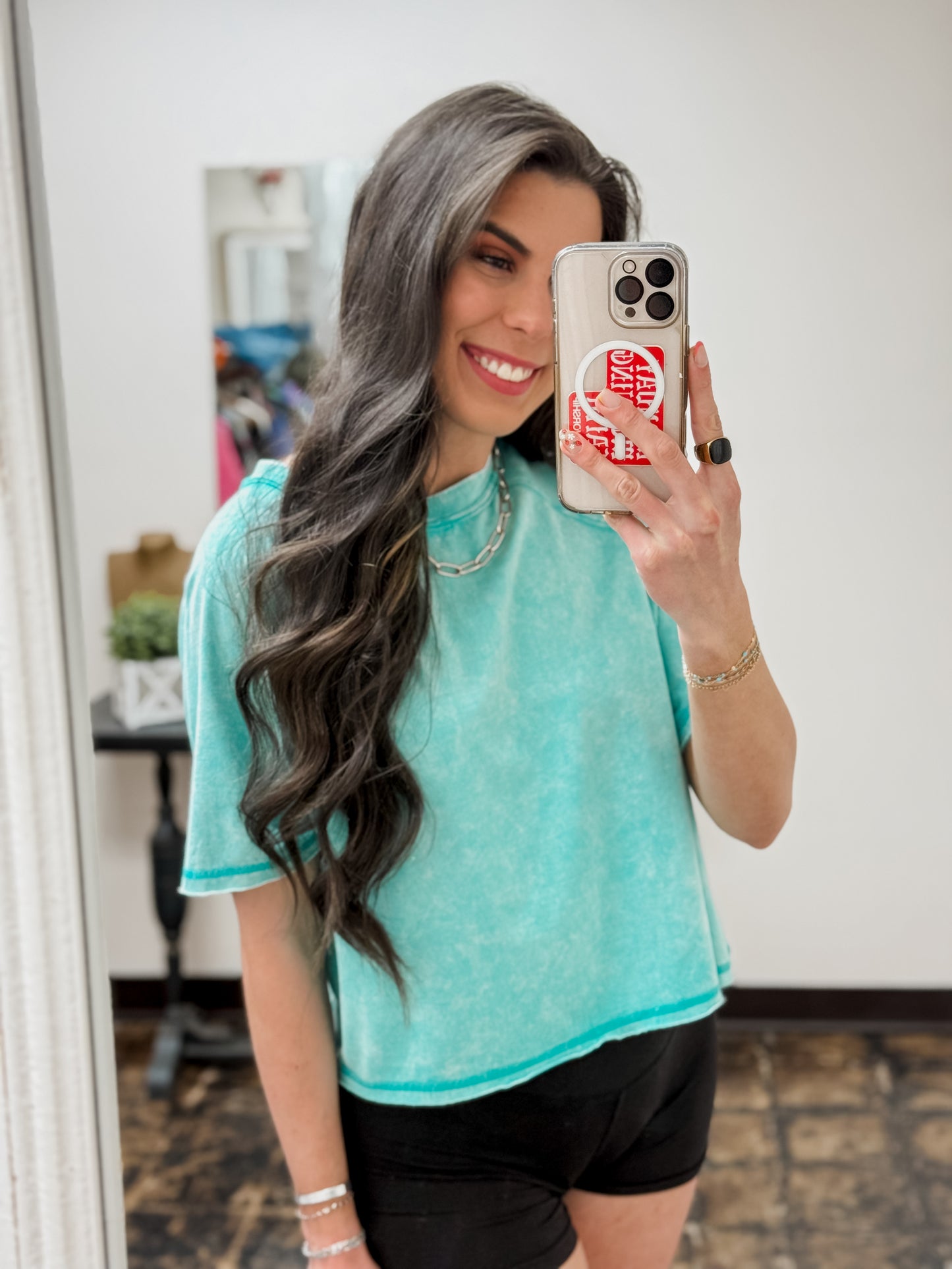 The Audrey Acid Wash Cropped Tee - Turquoise