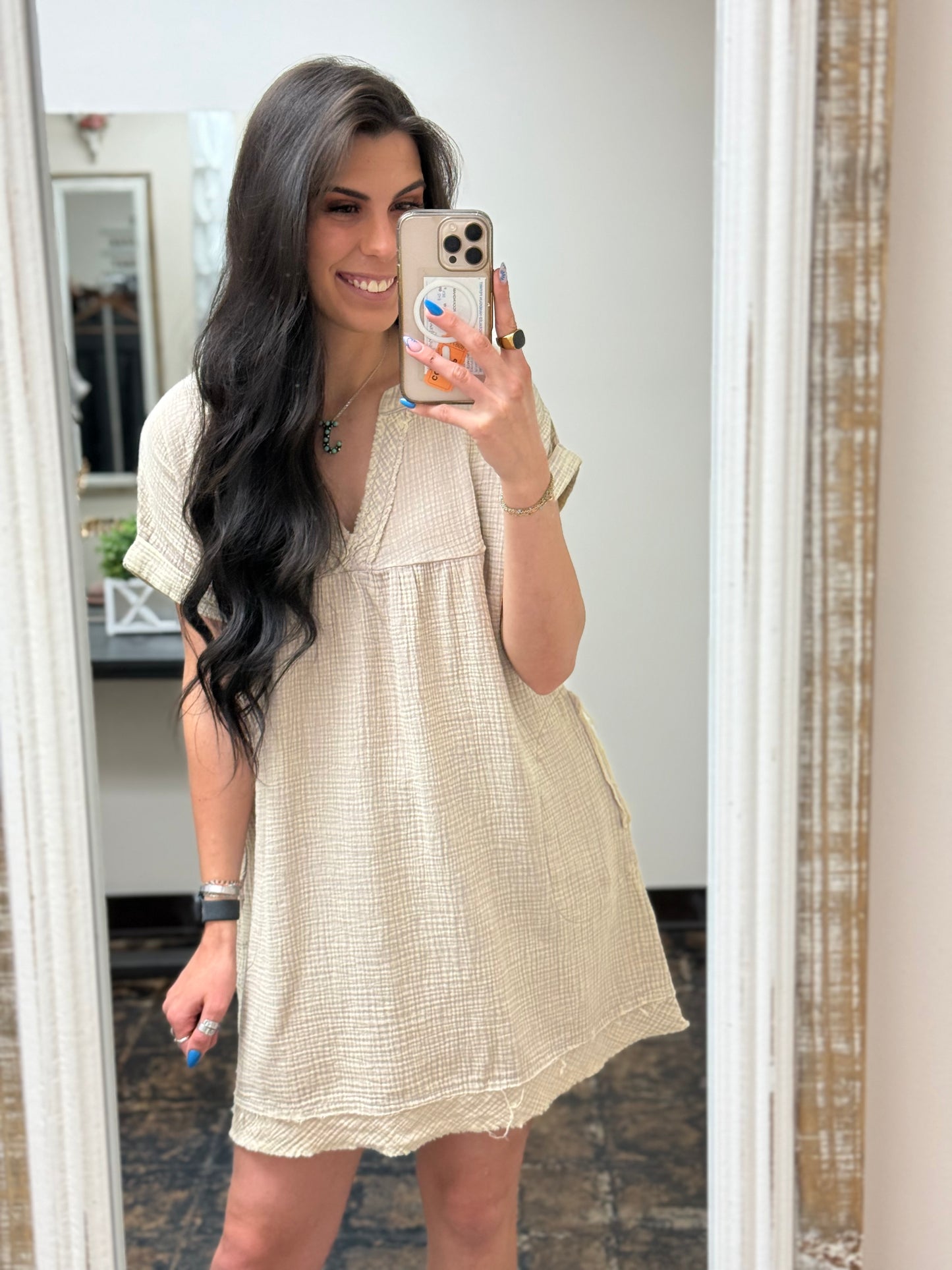 The Danielle Gauze V-Neck Dress - Ash Mocha