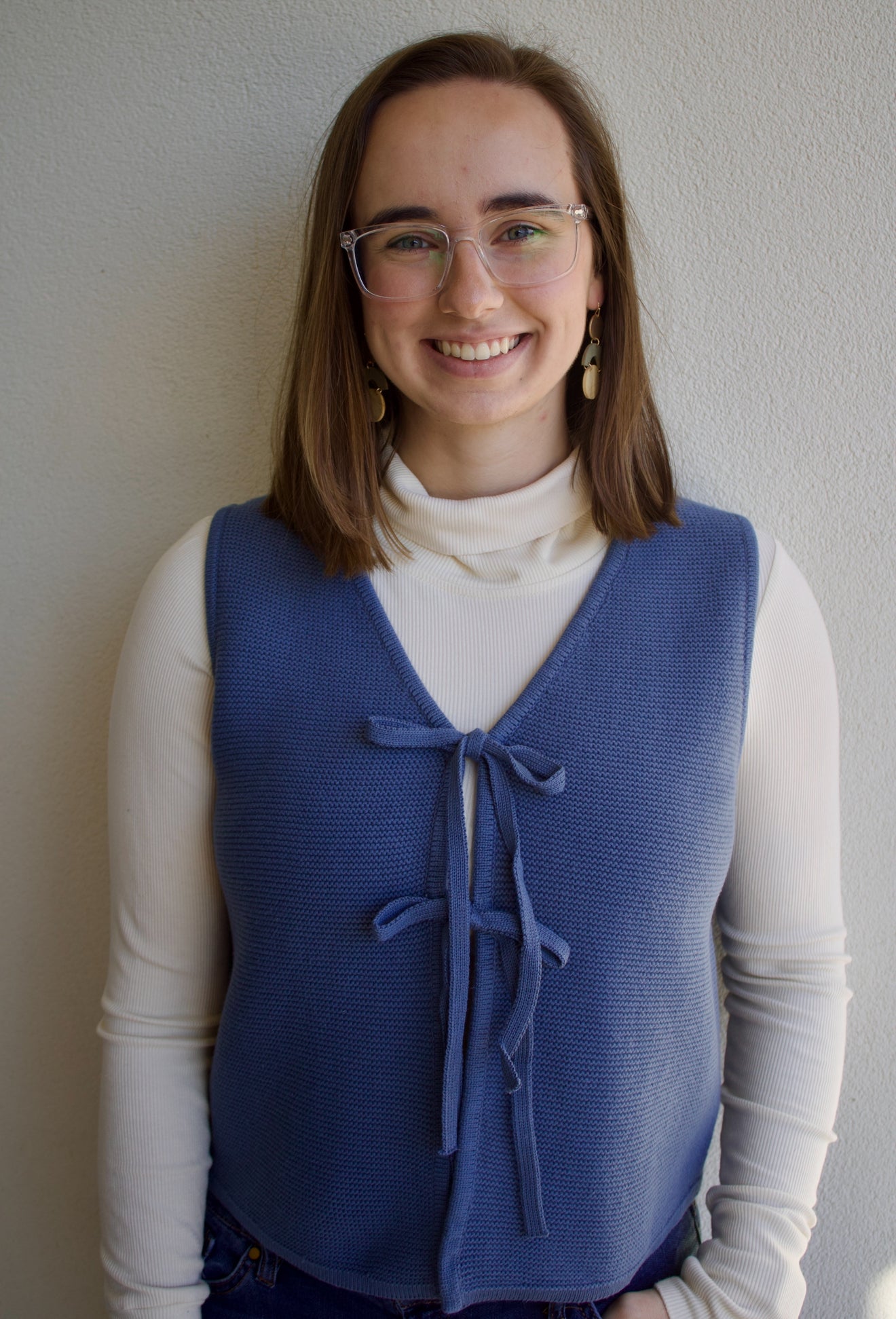 The Isla Bow Sweater Front - Dusty Blue