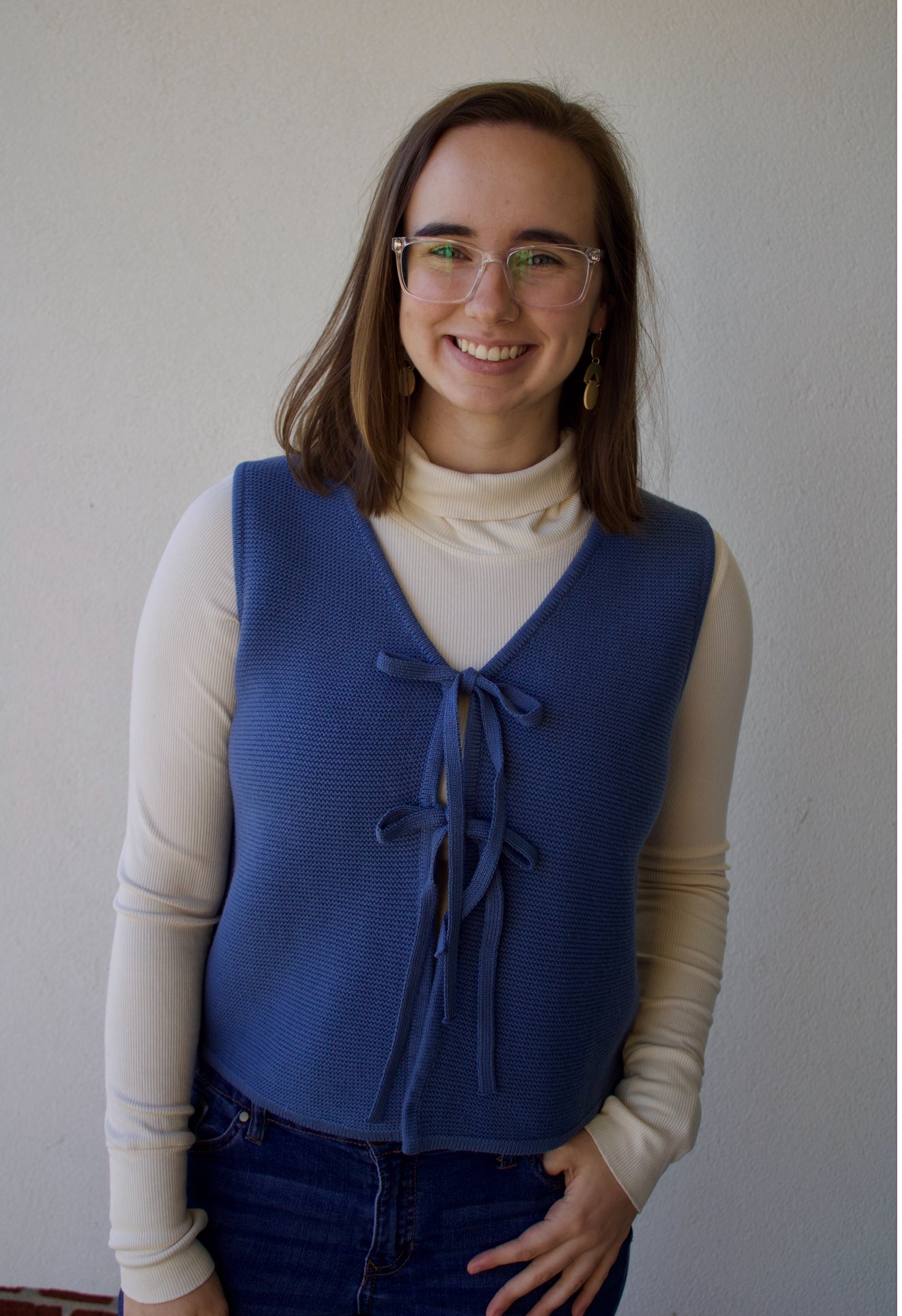 The Isla Bow Sweater Front - Dusty Blue