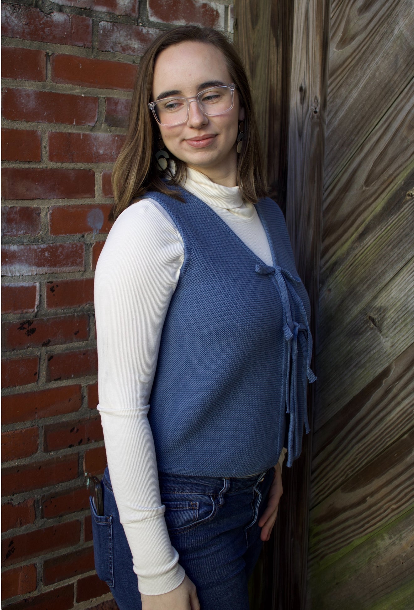 The Isla Bow Sweater Front - Dusty Blue