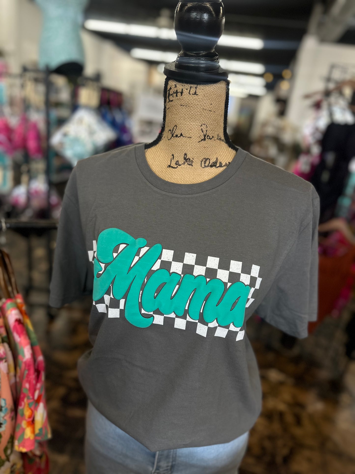 The Mama Checkered Puff Tee - Charcoal/Teal