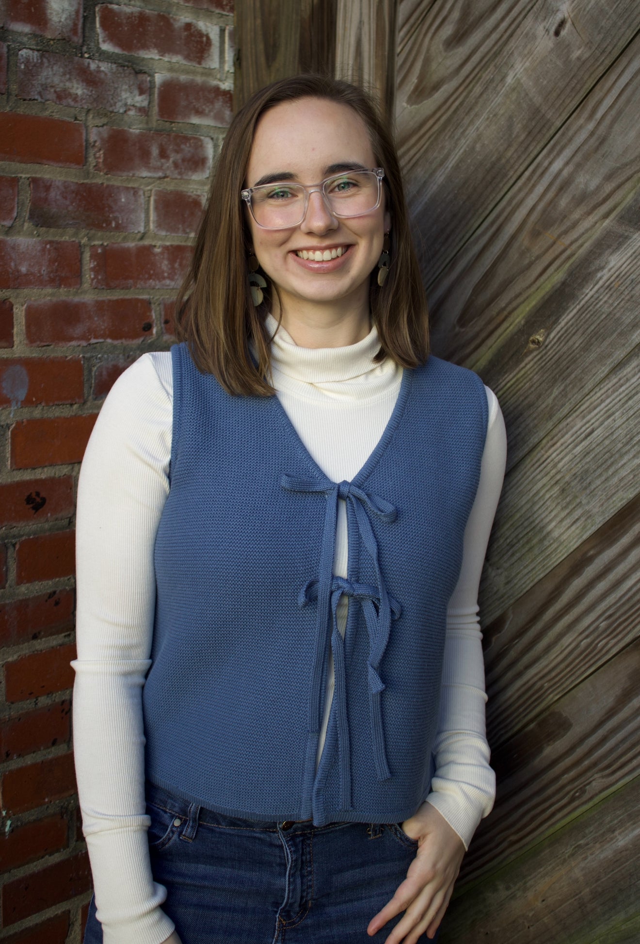 The Isla Bow Sweater Front - Dusty Blue