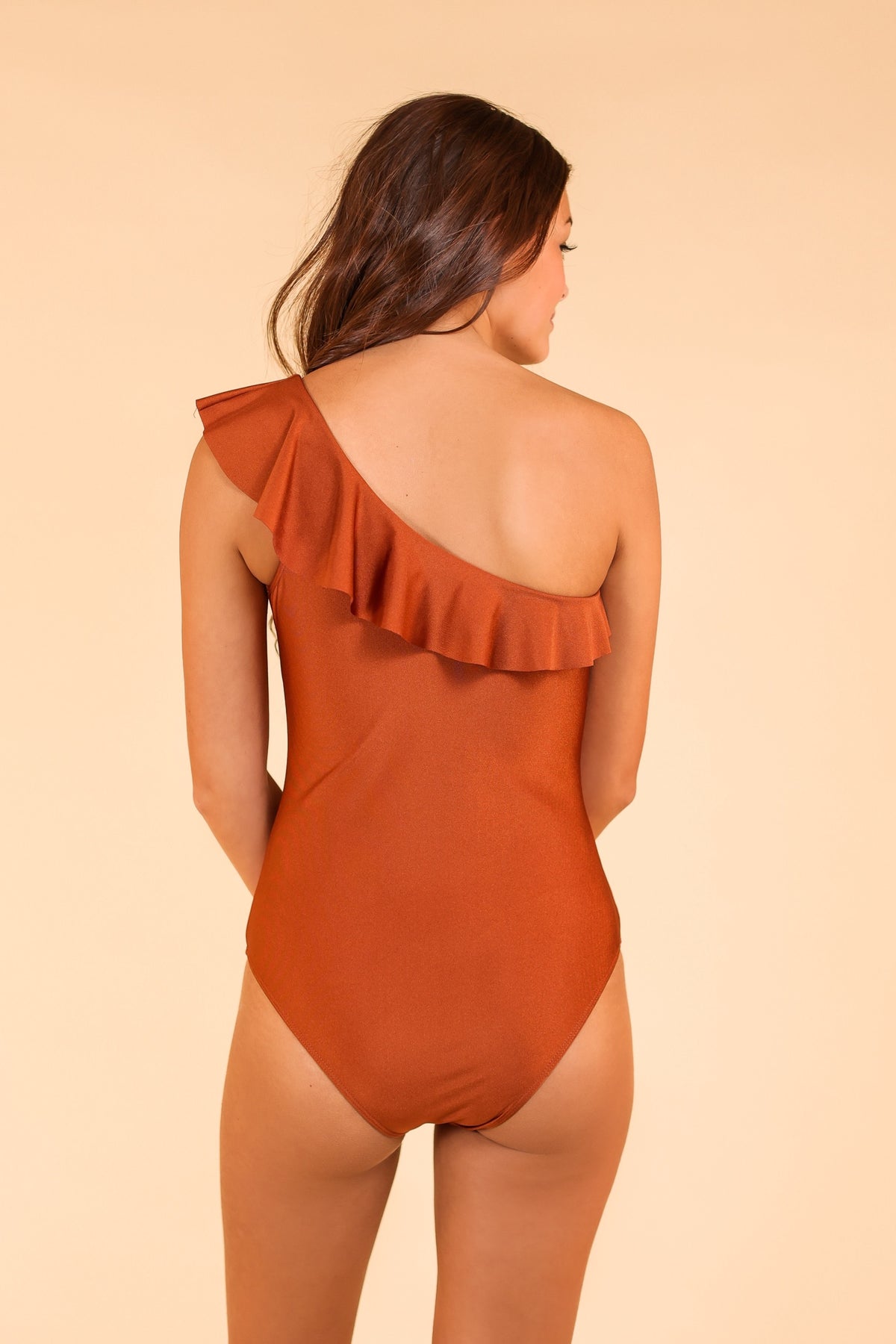 The Serena Ruffle Off The Shoulder Swimsuit - Rust