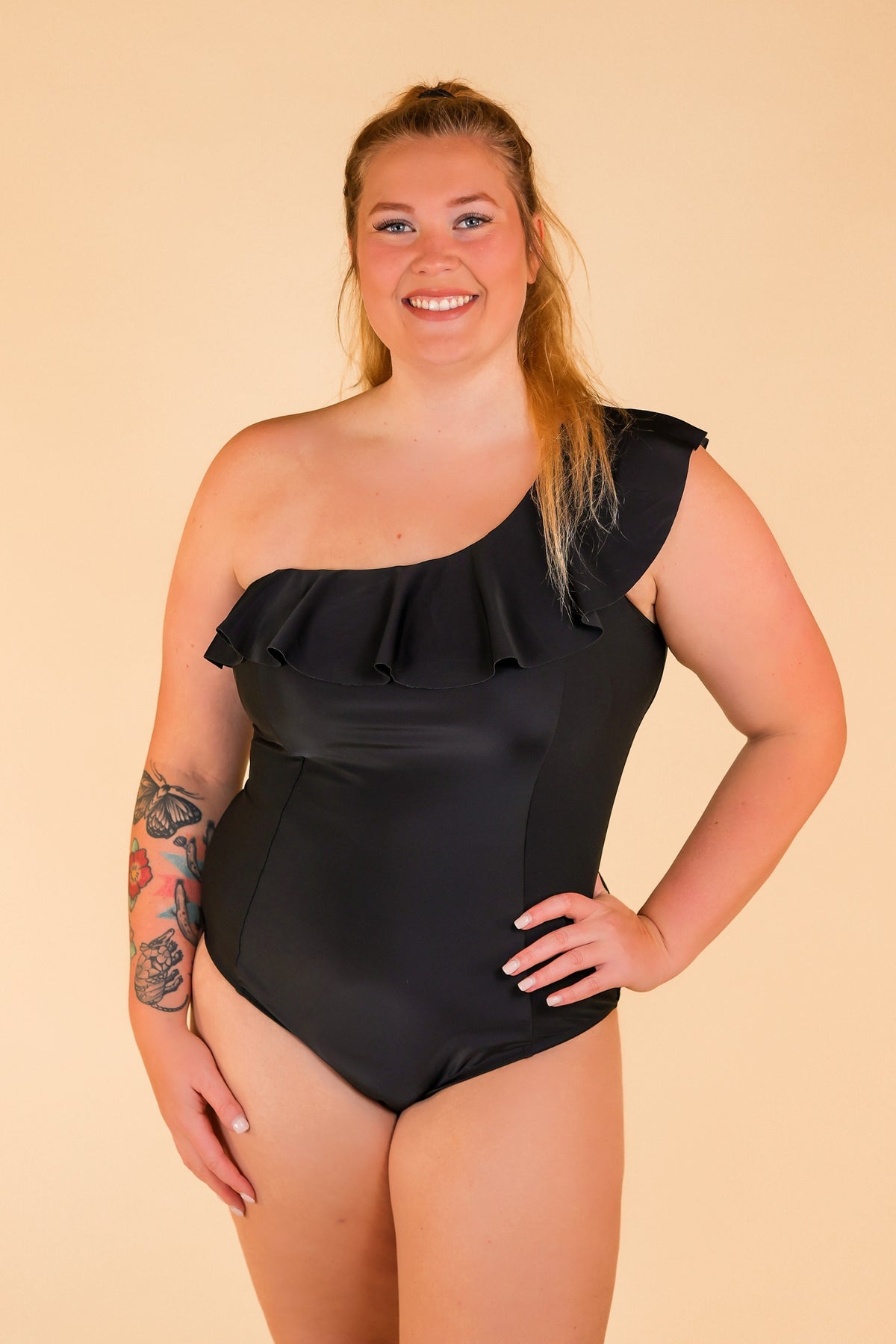The Sophia Ruffle Off The Shoulder Swimsuit - Black