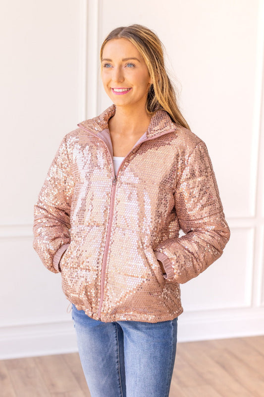 The Bring The Sparkle Sequin Puffer Coat - Rose Gold