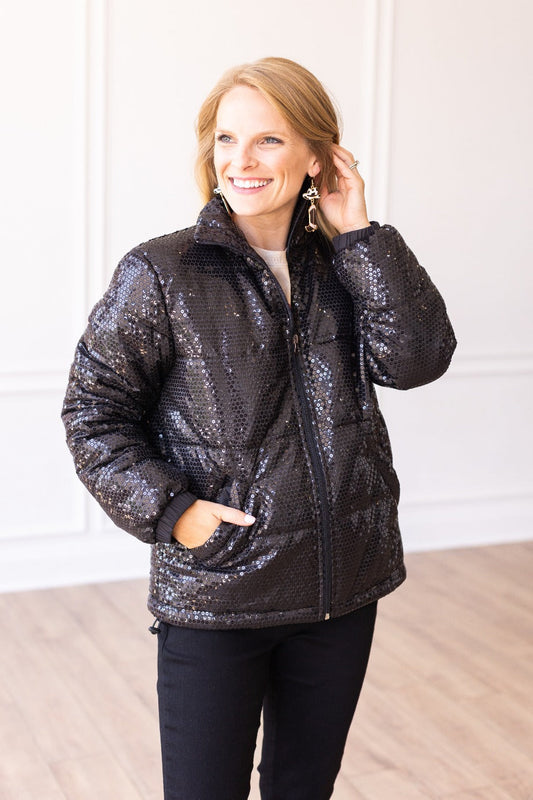 The Bring The Sparkle Sequin Puffer Coat - Black