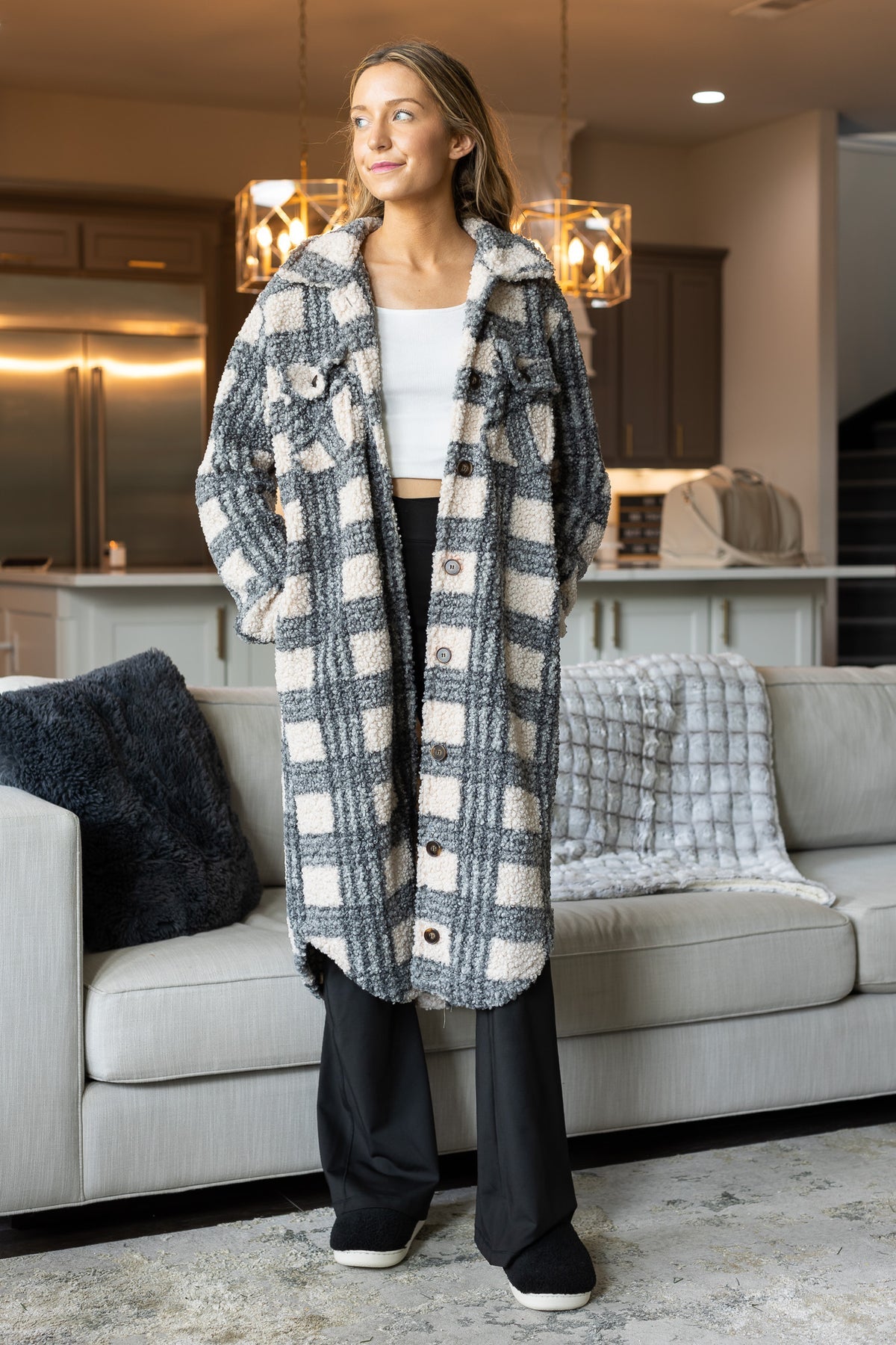 The Maggie Valley Mornings Plaid Sherpa Trench Coat