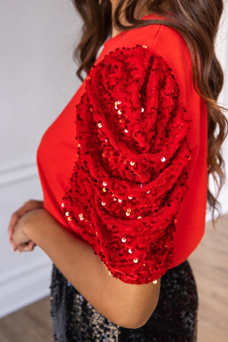 The She's The One Sequin Puff Sleeve Top - Red