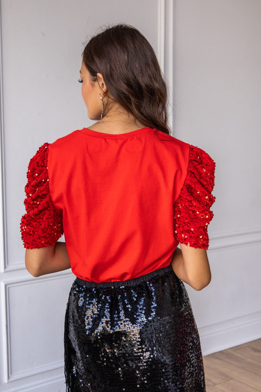 The She's The One Sequin Puff Sleeve Top - Red