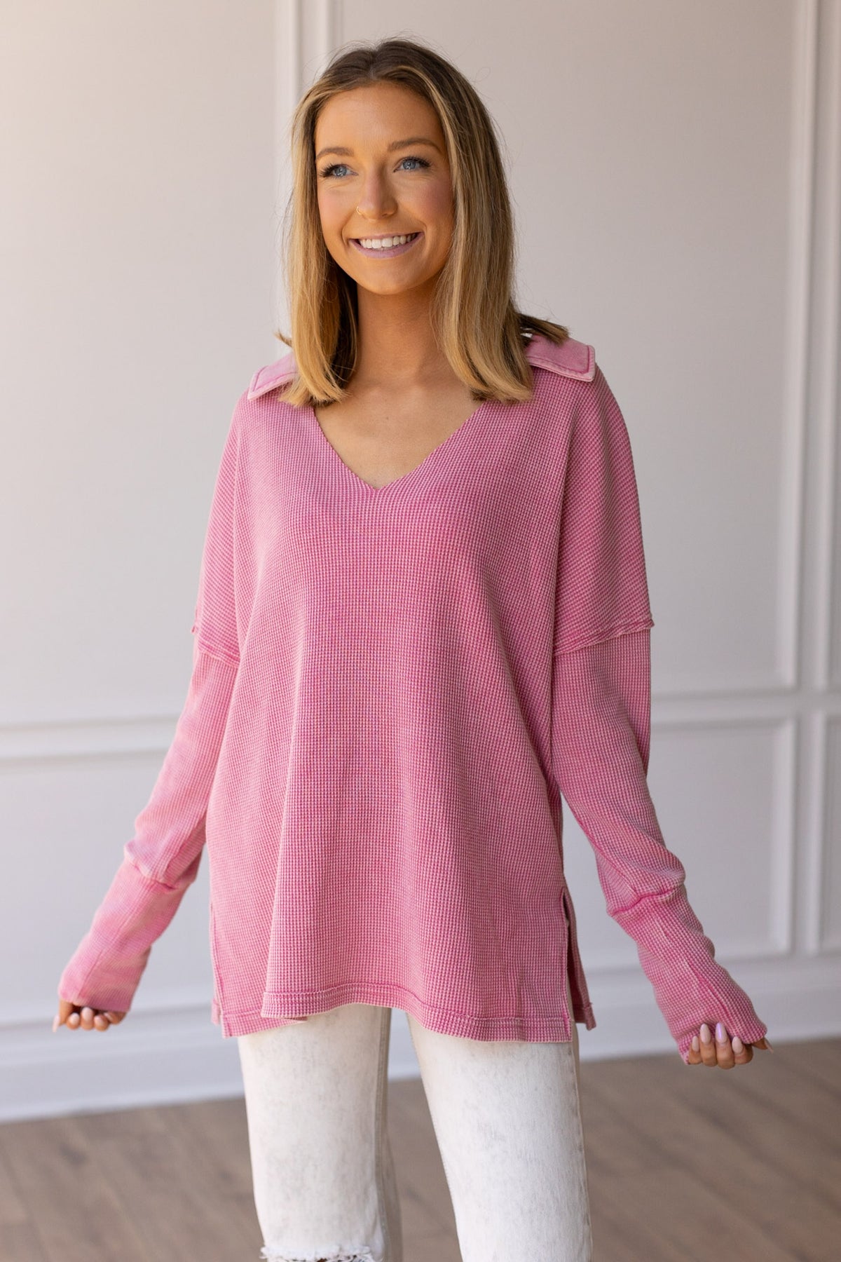 The Pretty Pleased Waffle Knit Top - Pink