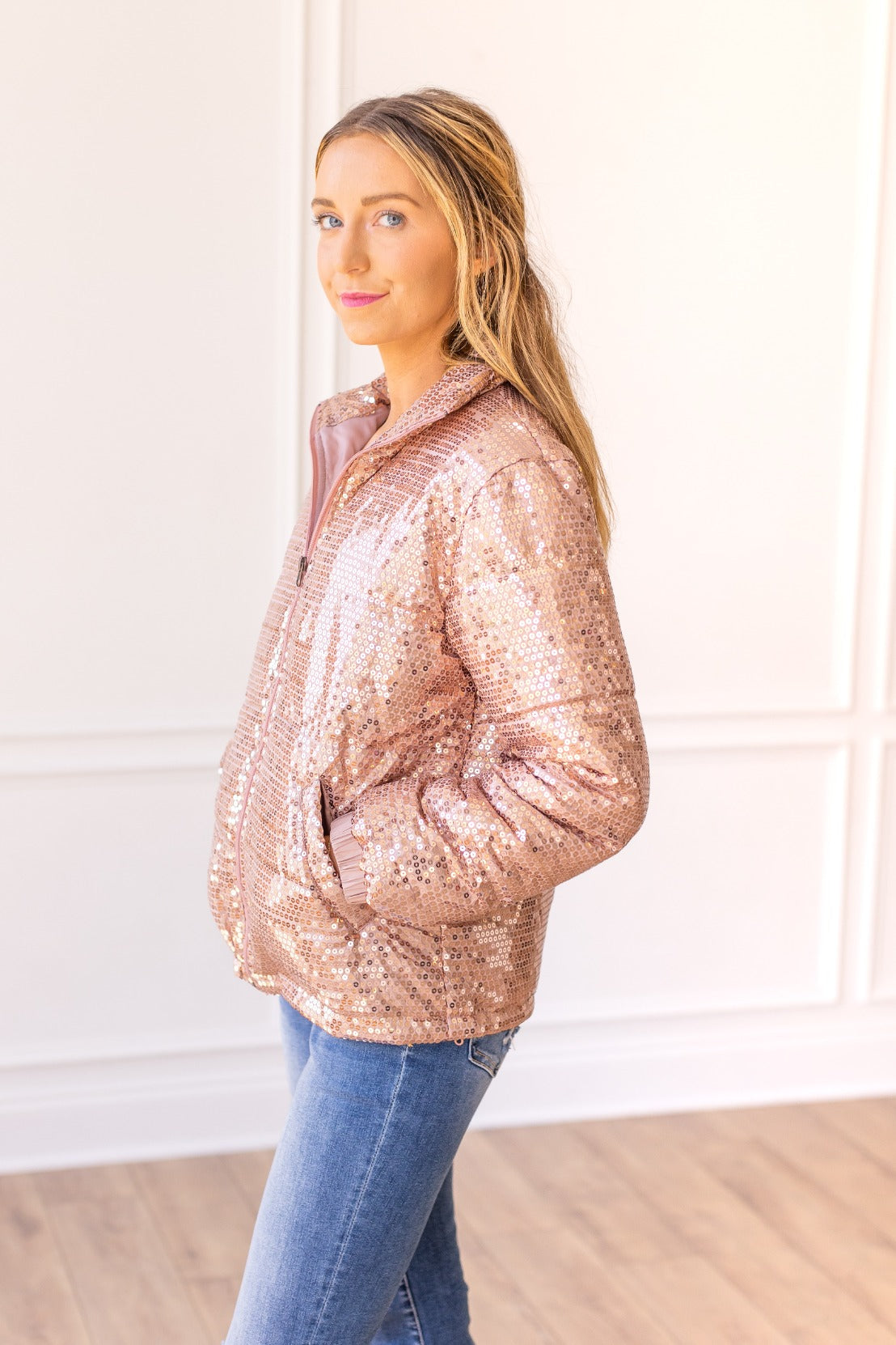 The Bring The Sparkle Sequin Puffer Coat - Rose Gold