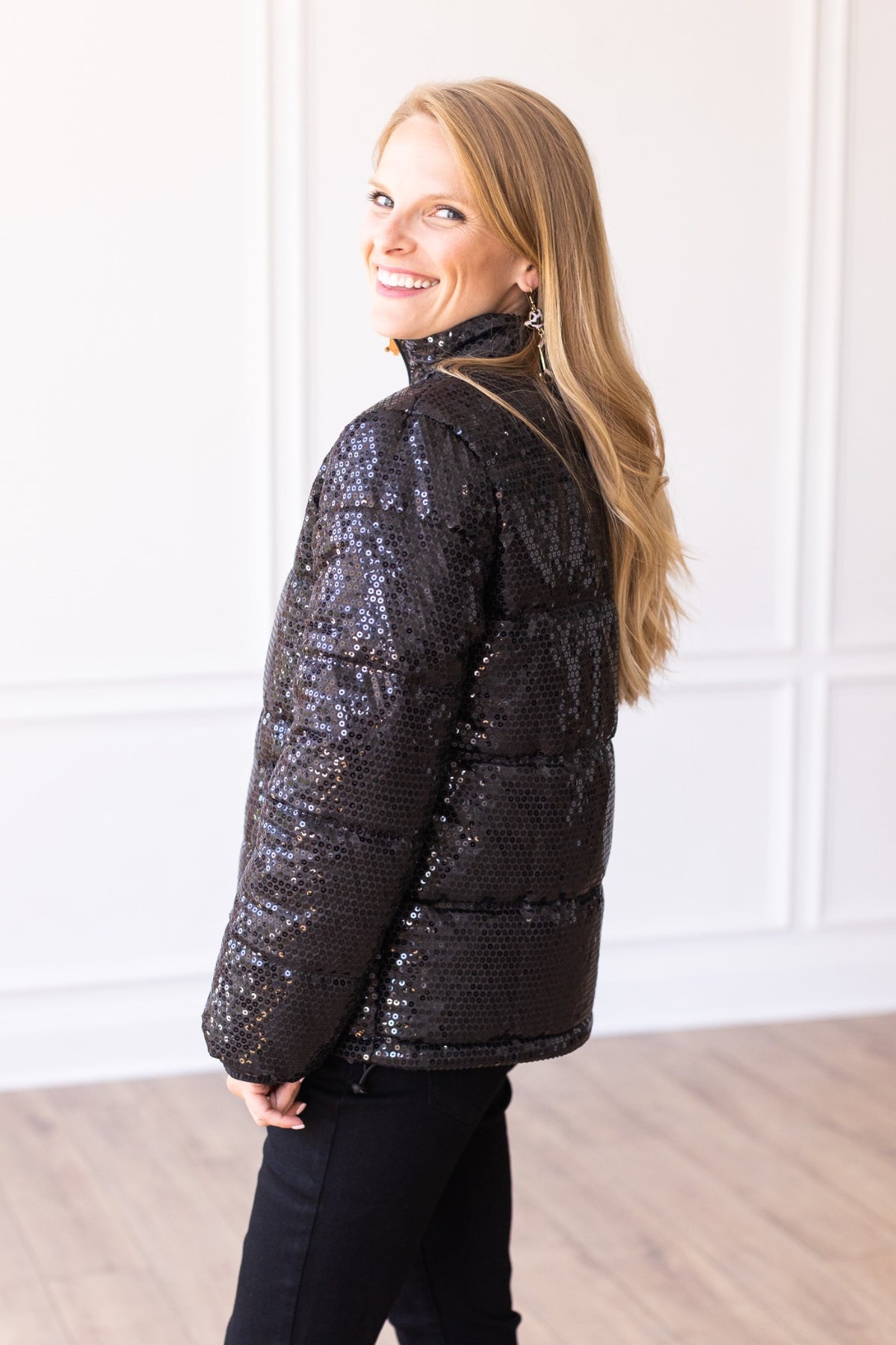 The Bring The Sparkle Sequin Puffer Coat - Black