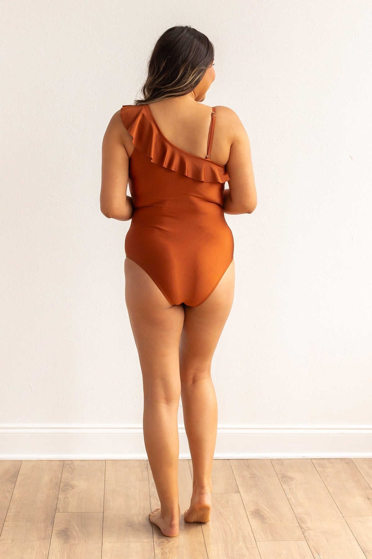The Serena Ruffle Off The Shoulder Swimsuit - Rust