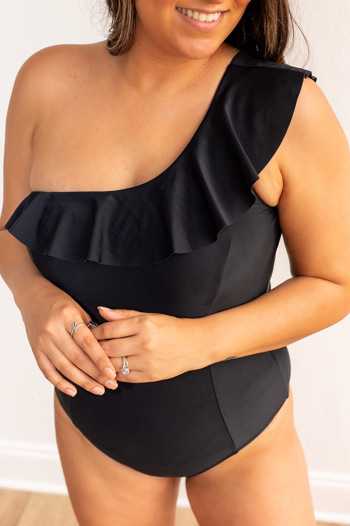 The Sophia Ruffle Off The Shoulder Swimsuit - Black