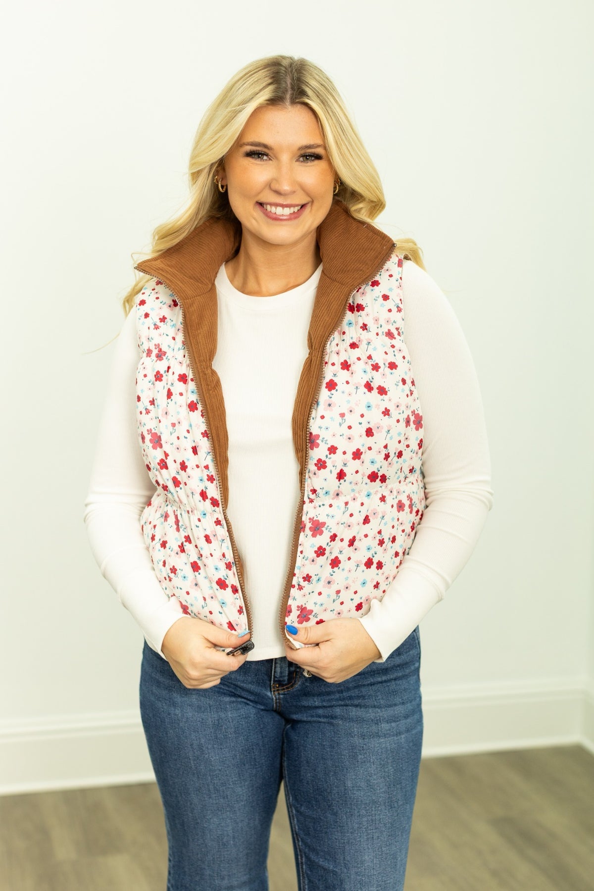 The Maizie Reversible Puffer Vest - Brown/Floral