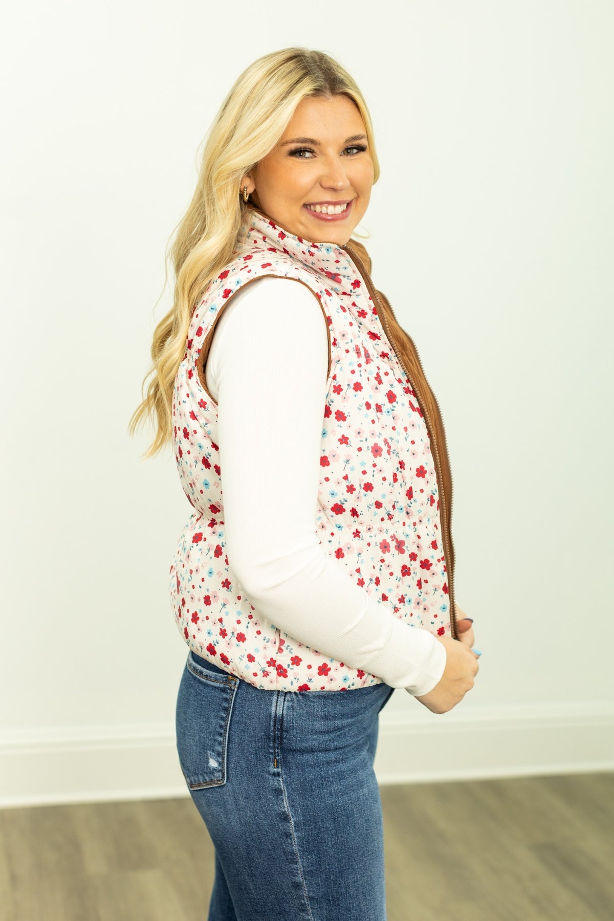 The Maizie Reversible Puffer Vest - Brown/Floral