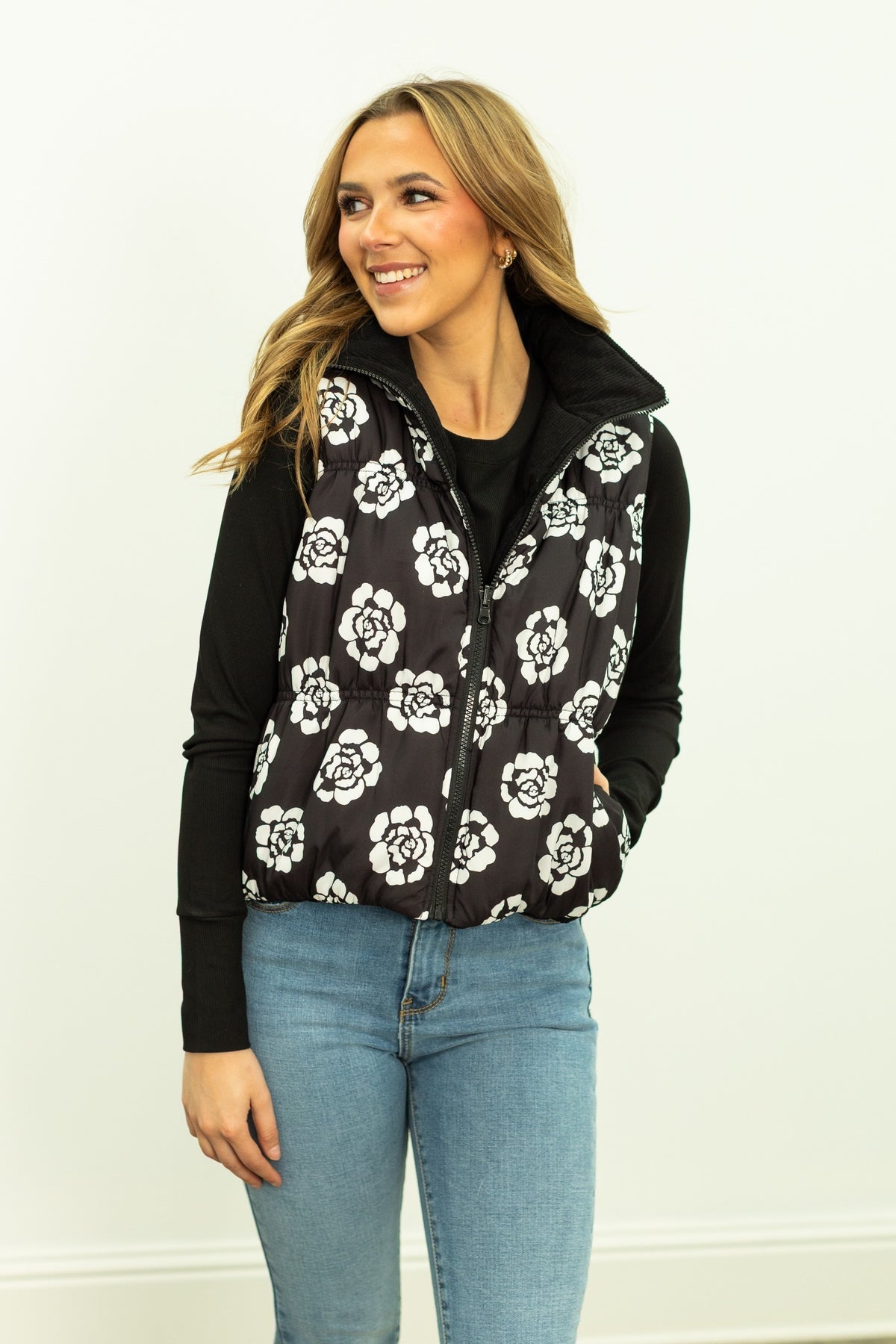 The Maizie Reversible Puffer Vest - Black/Floral