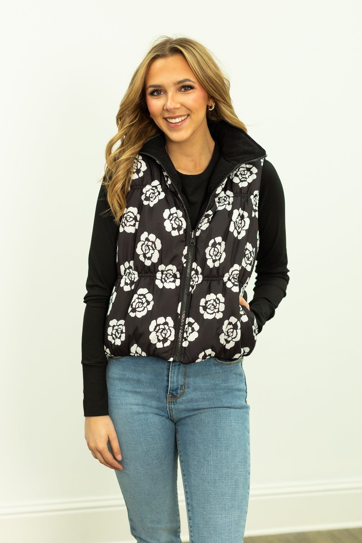 The Maizie Reversible Puffer Vest - Black/Floral
