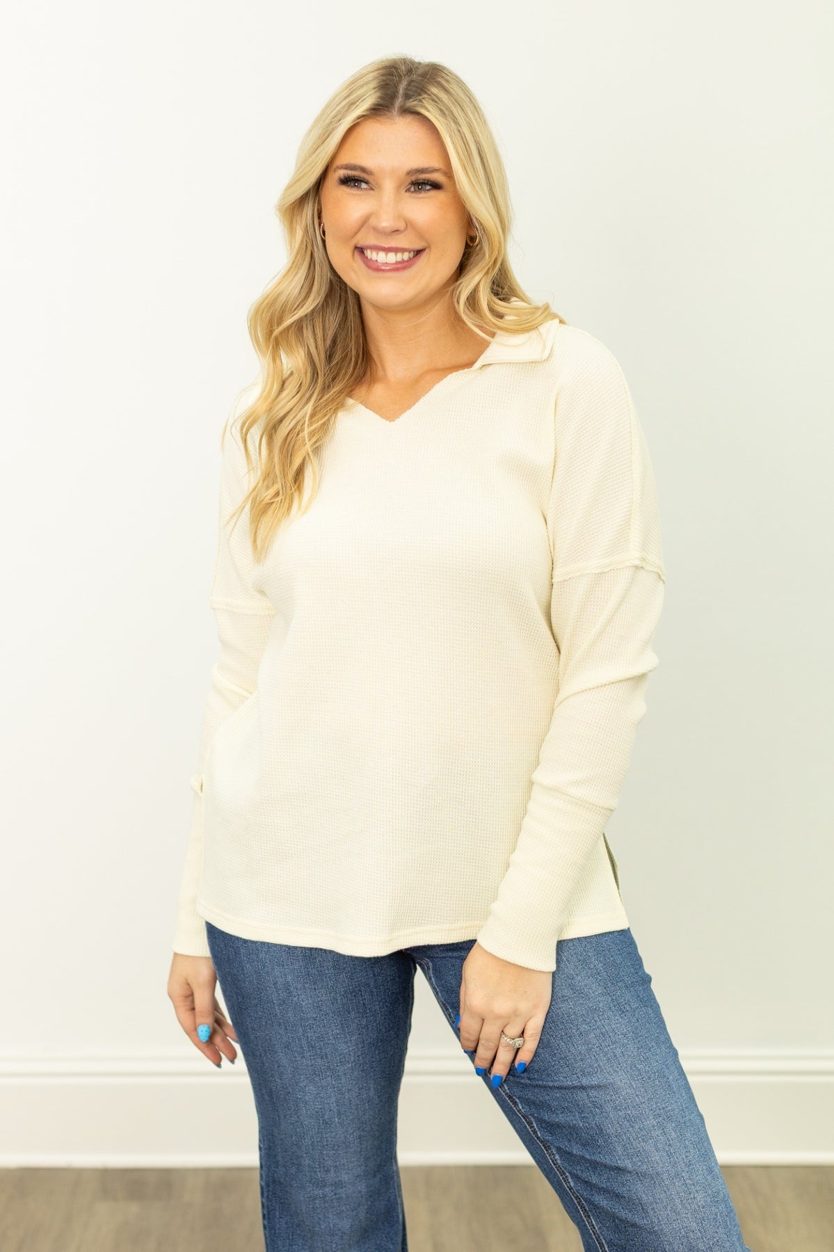 The Emilee Waffle Knit Long Sleeve Top - Ivory