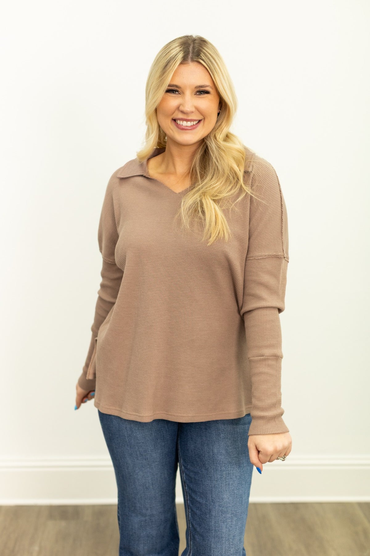 The Emilee Waffle Knit Long Sleeve Top - Brown