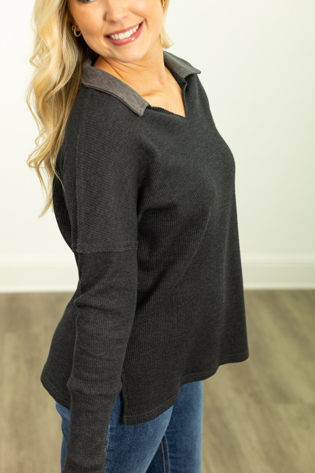 The Emilee Waffle Knit Long Sleeve Top - Black