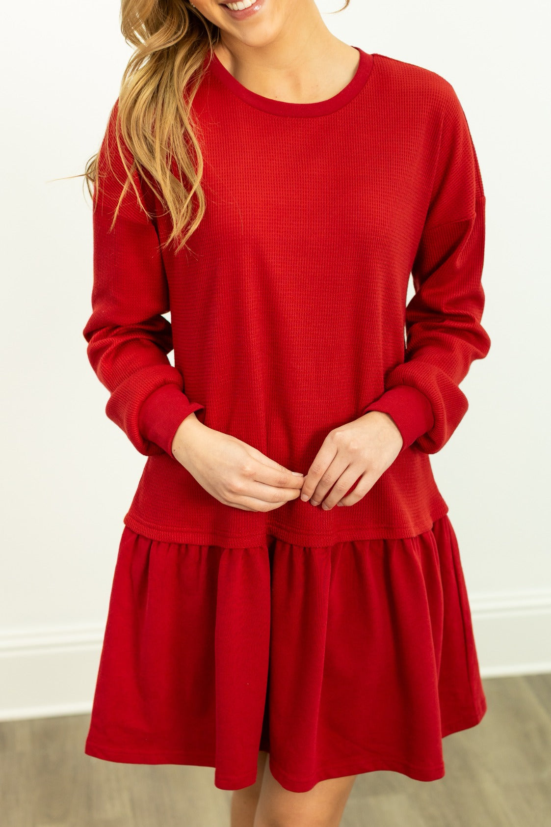 The Brandie Waffle Knit Dress - Red