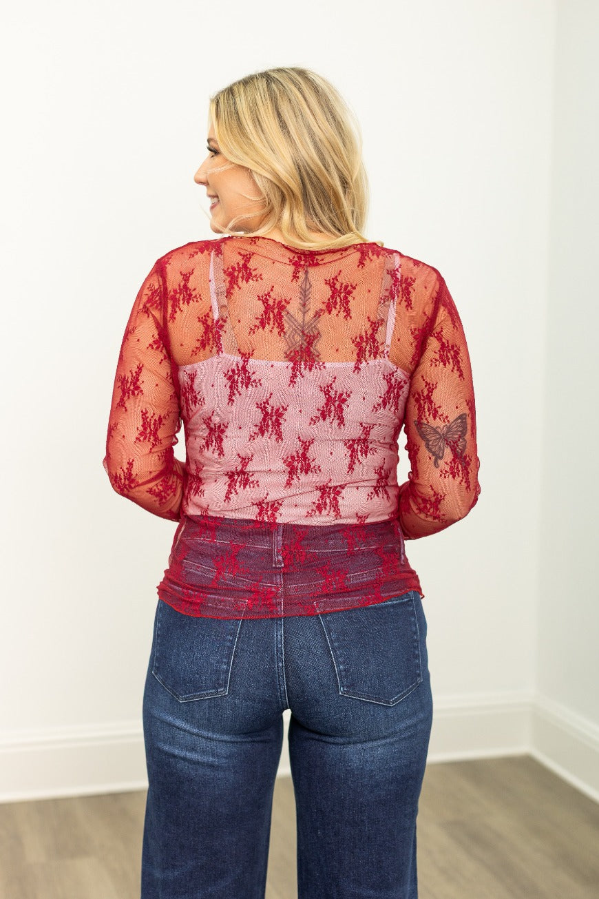 The Kimmie Mesh Long Sleeve Top - Red
