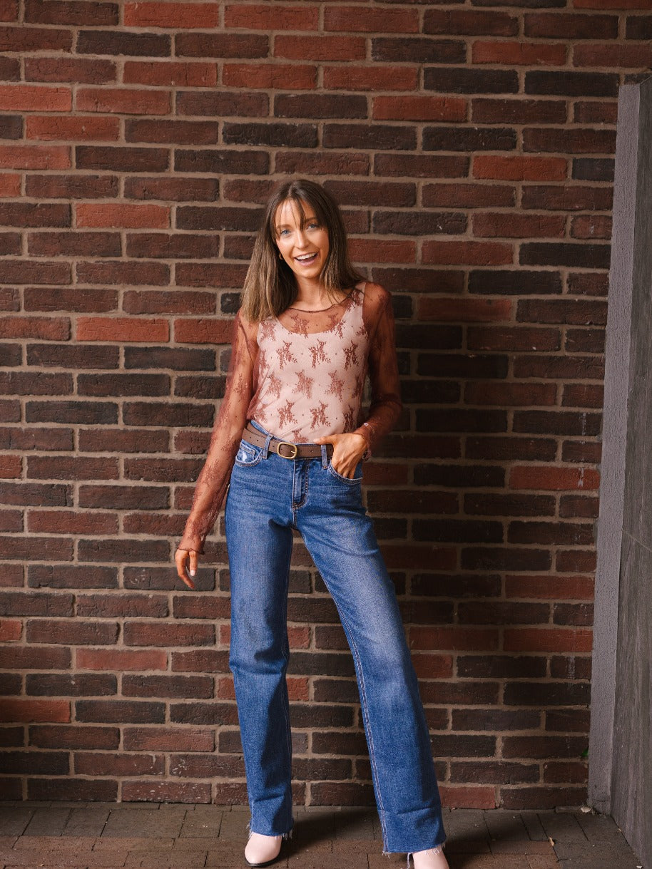 The Kimmie Mesh Long Sleeve Top - Brown