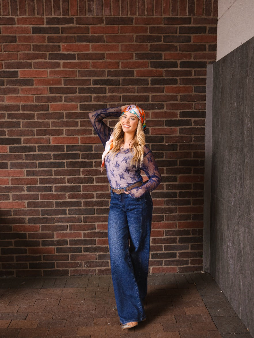 The Kimmie Mesh Long Sleeve Top - Navy