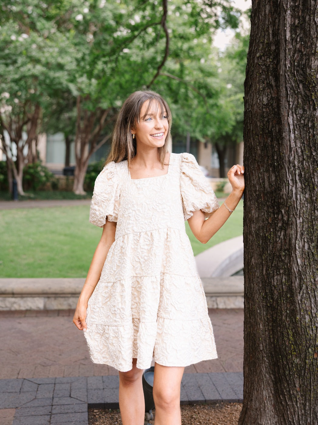 The Lindy Jacquard Dress - Beige