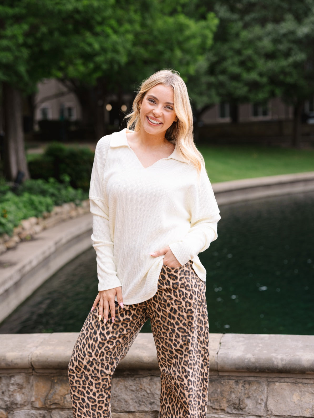 The Emilee Waffle Knit Long Sleeve Top - Ivory