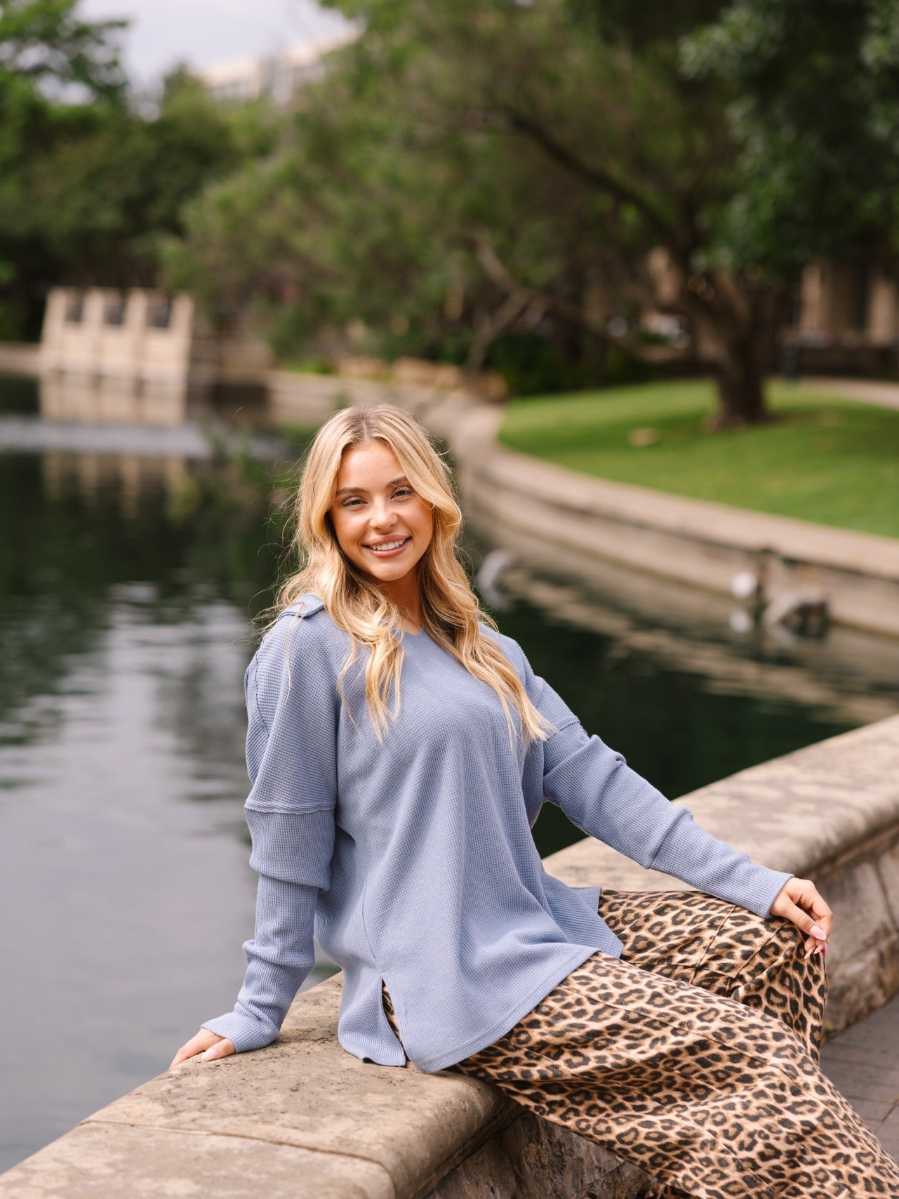 The Emilee Waffle Knit Long Sleeve Top - Blue