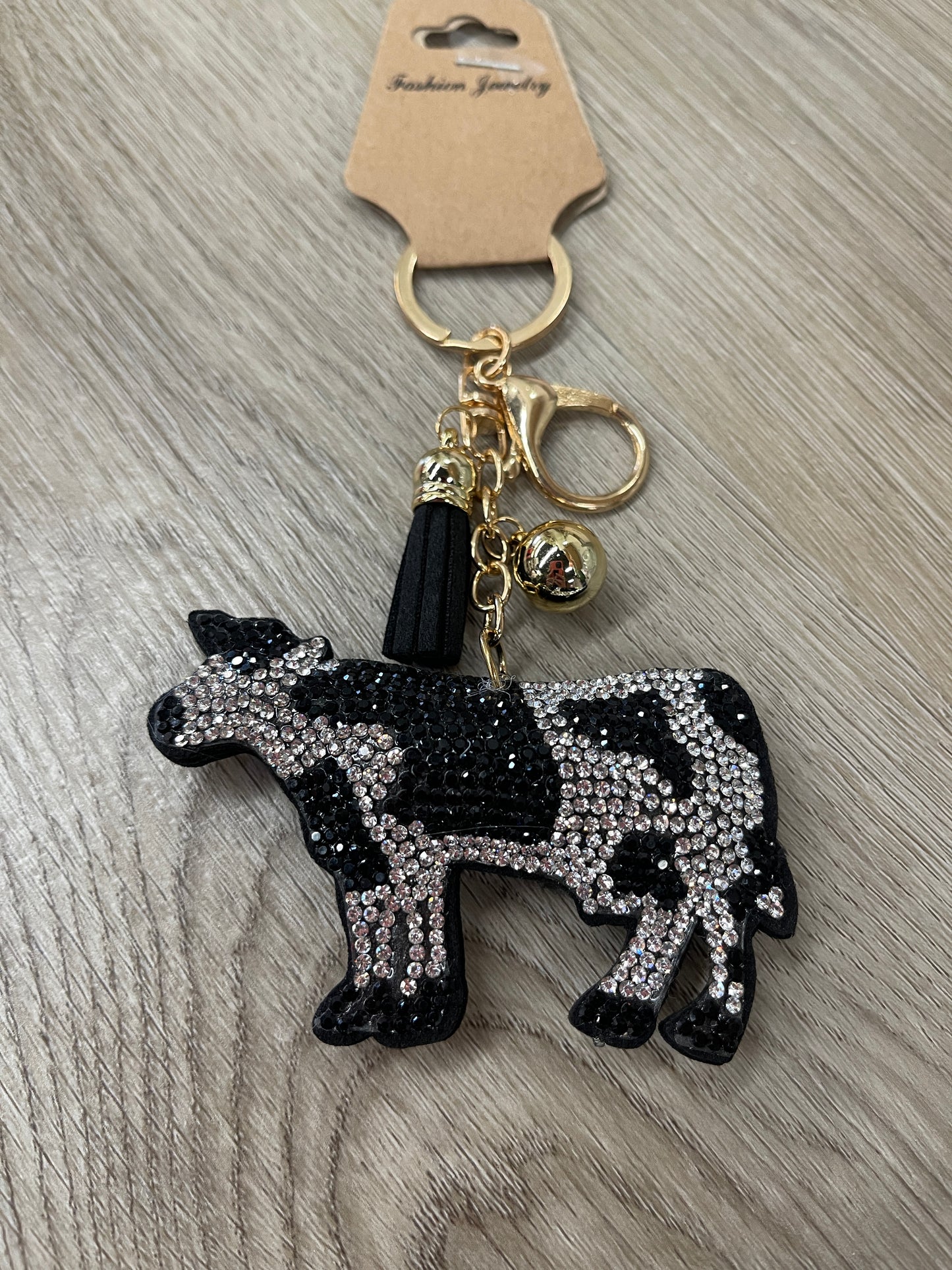 Black Cow Crystal Puffy Keychain Purse Charm