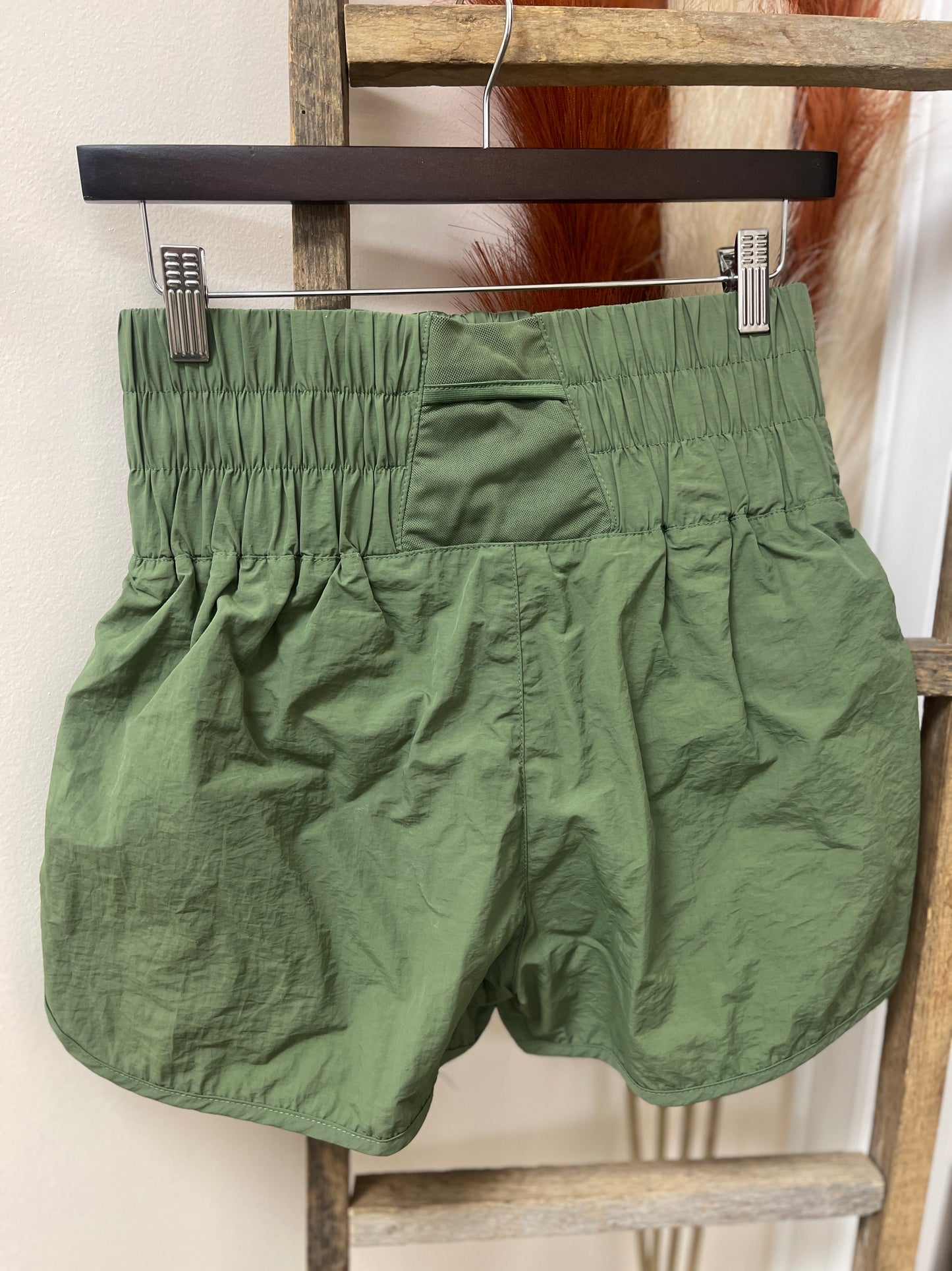 Olive Smocked High Waistband Windbreaker Running Shorts