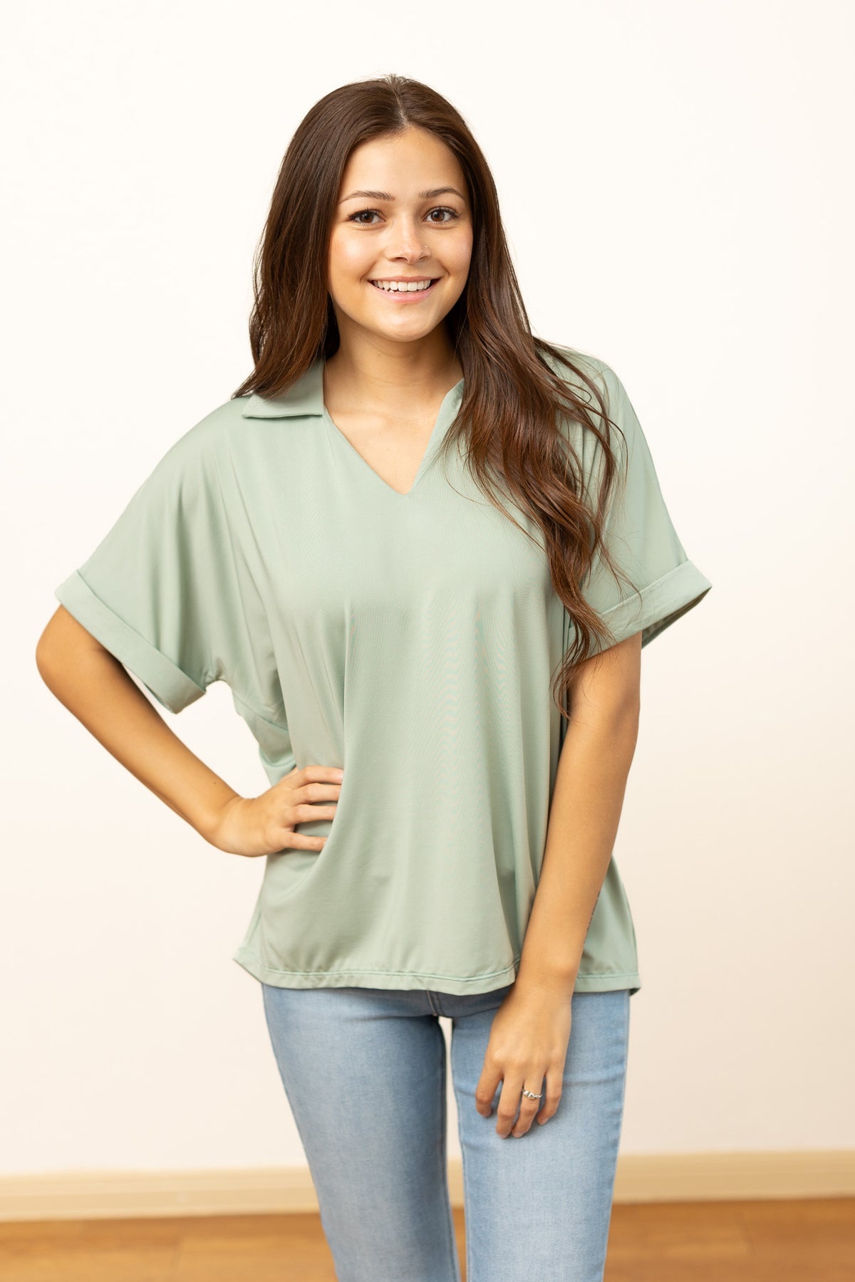 The Cara Collared Top - Sea Foam