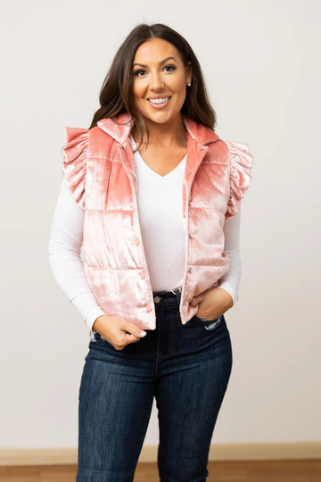 FINAL SALE - The Pink Shimmer Ruffle Sleeve Puffer Vest