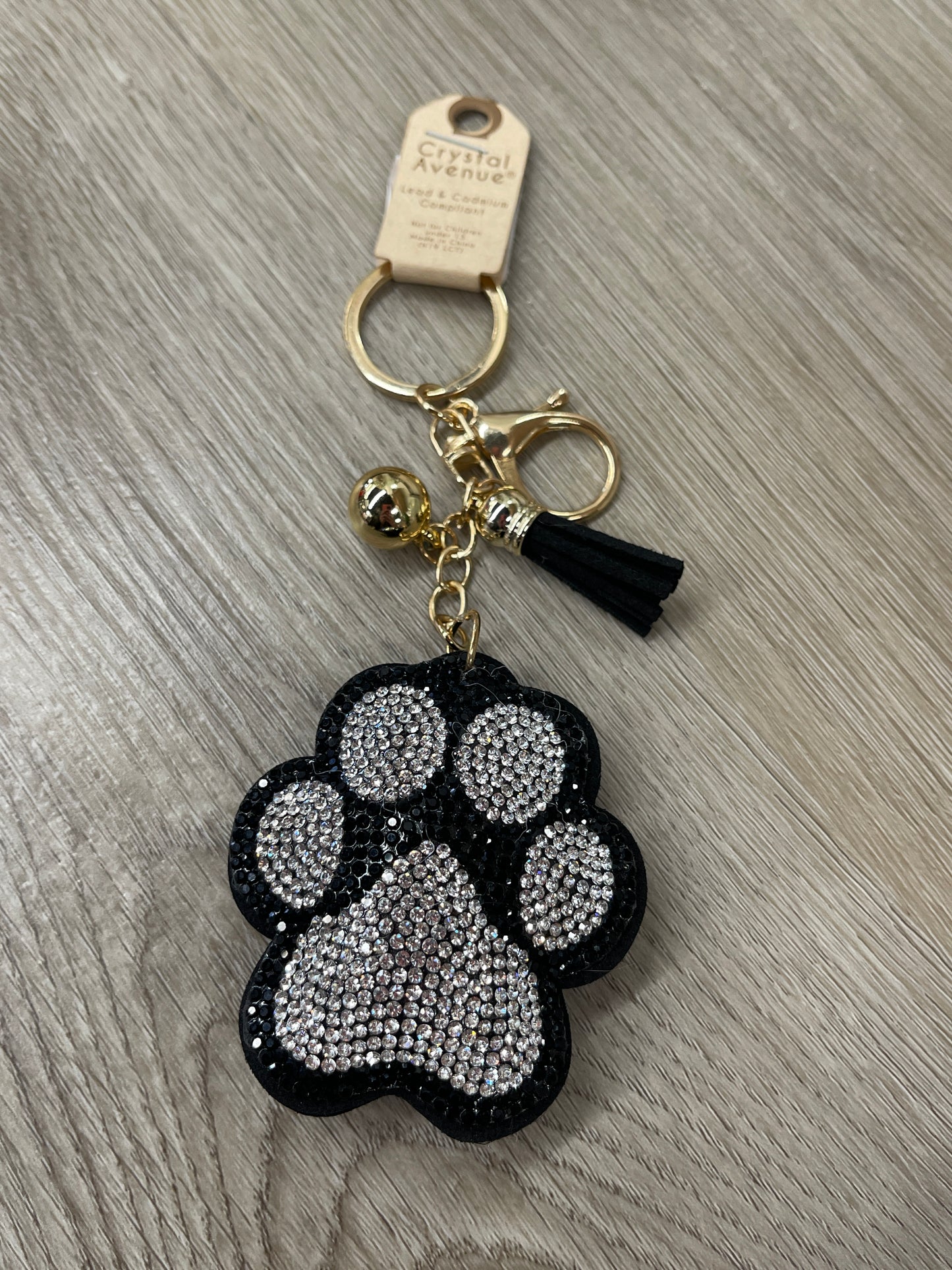 Silver/Black Paw Print Crystal Puffy Keychain Purse Charm