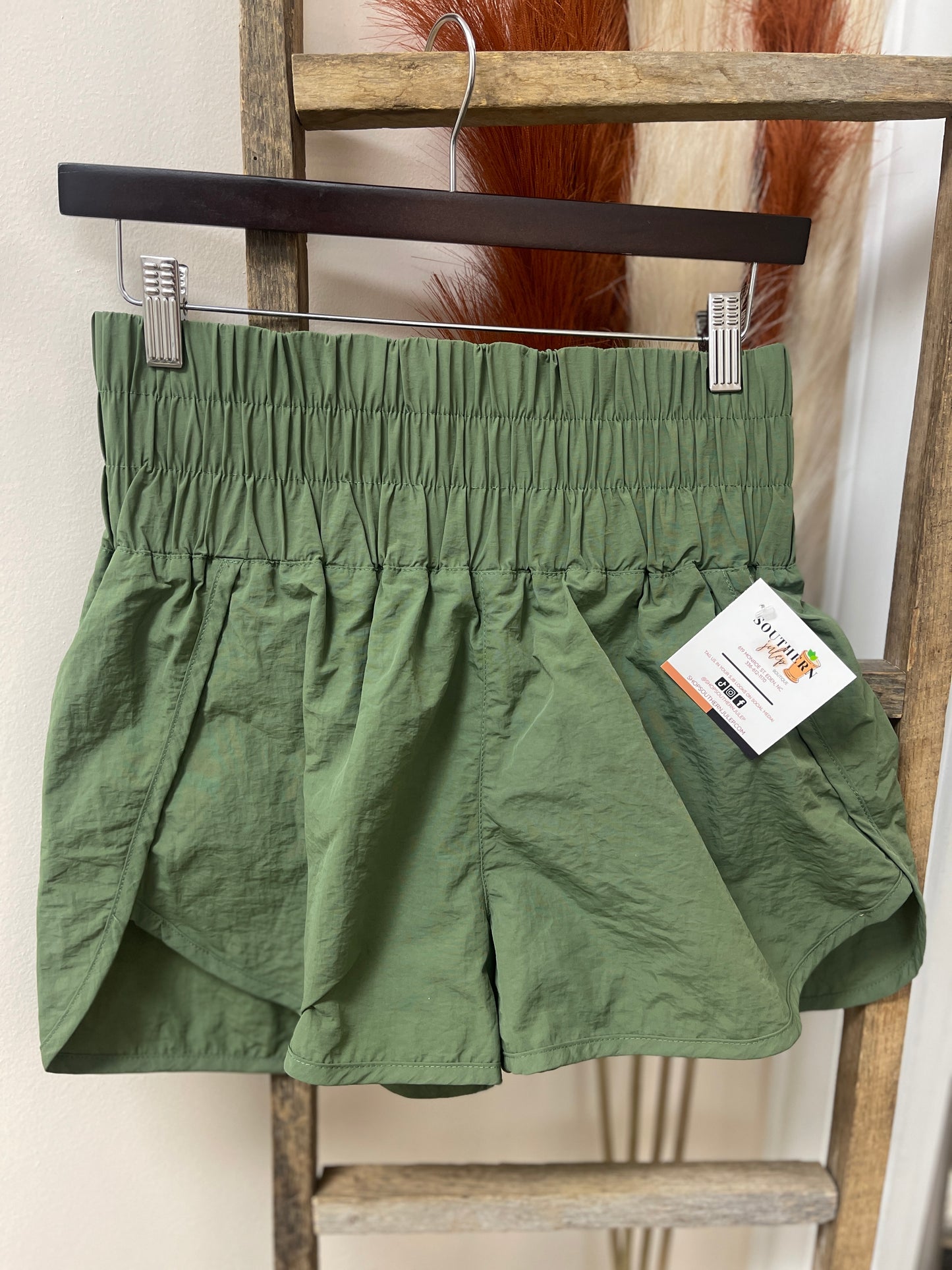 Olive Smocked High Waistband Windbreaker Running Shorts