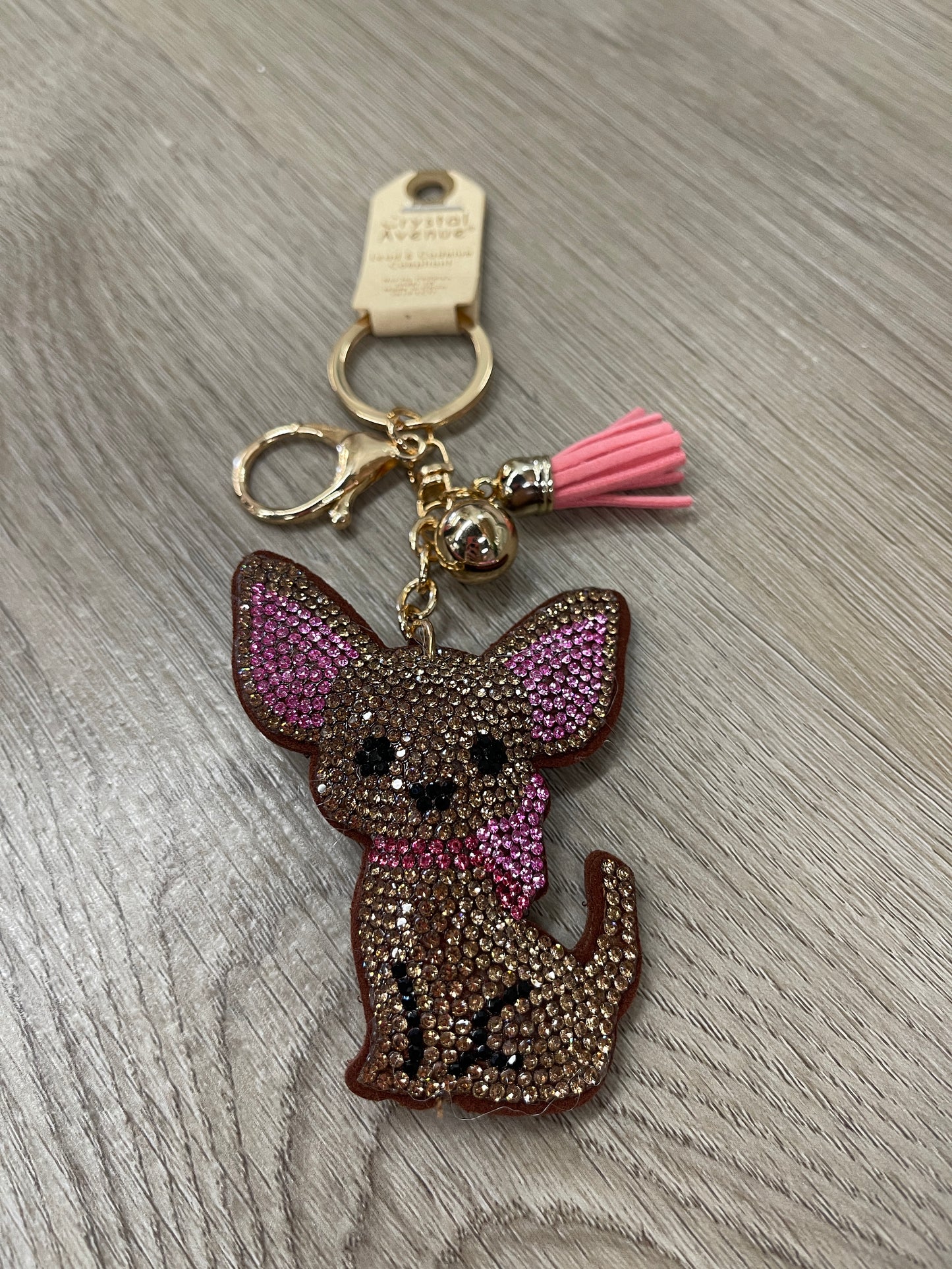 Brown Chihuahua Dog Crystal Puffy Keychain Purse Charm
