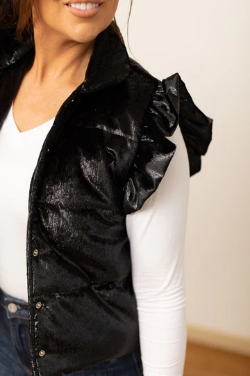 FINAL SALE - The Black Shimmer Ruffle Sleeve Puffer Vest
