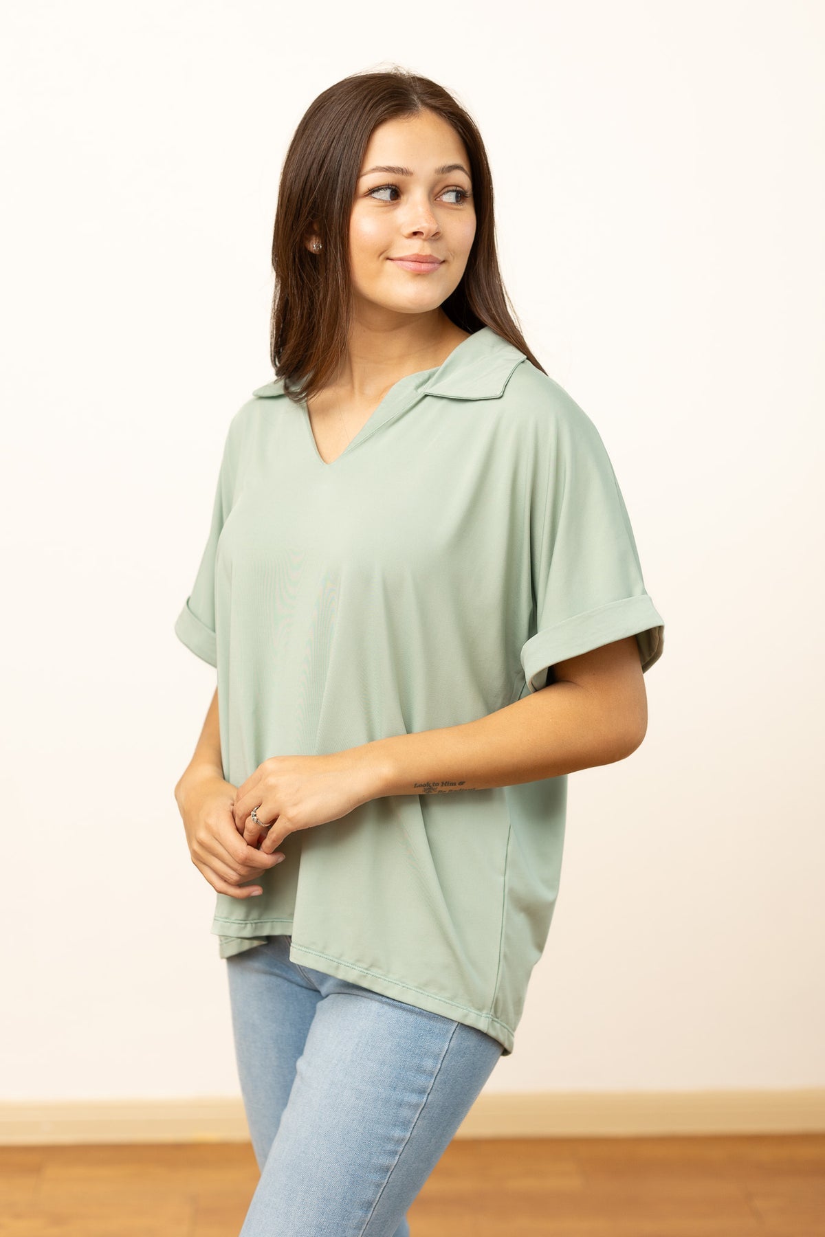 The Cara Collared Top - Sea Foam